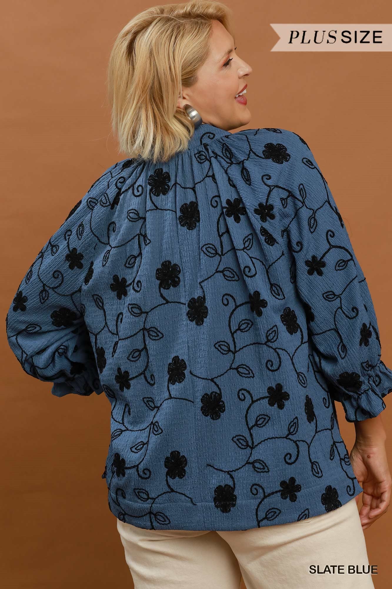 Umgee Textured Embroidered V Neck Top