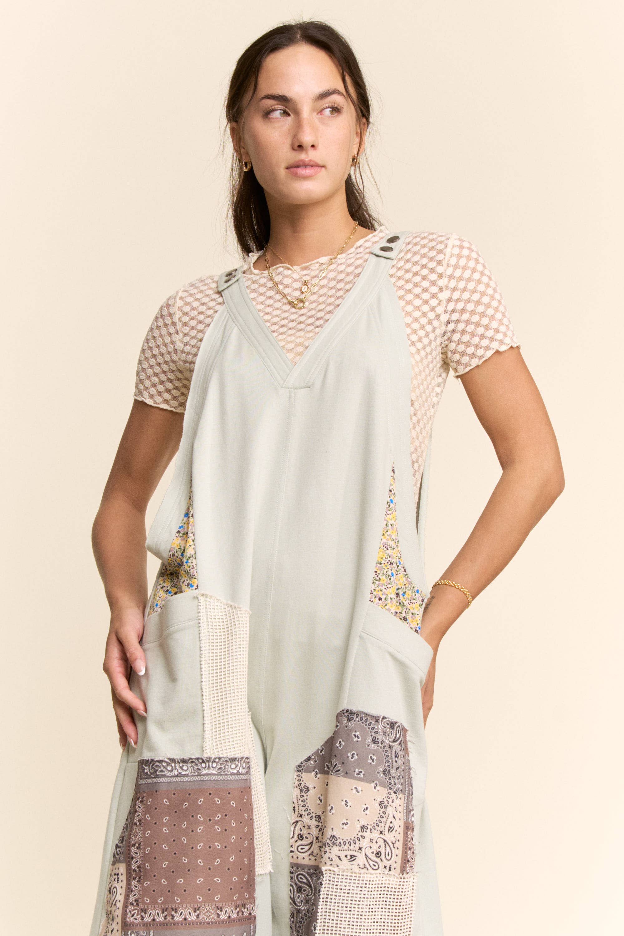 DR50374-COTTON PATCHWORK JUMPSUIT ADJUSTABLE STRAP
