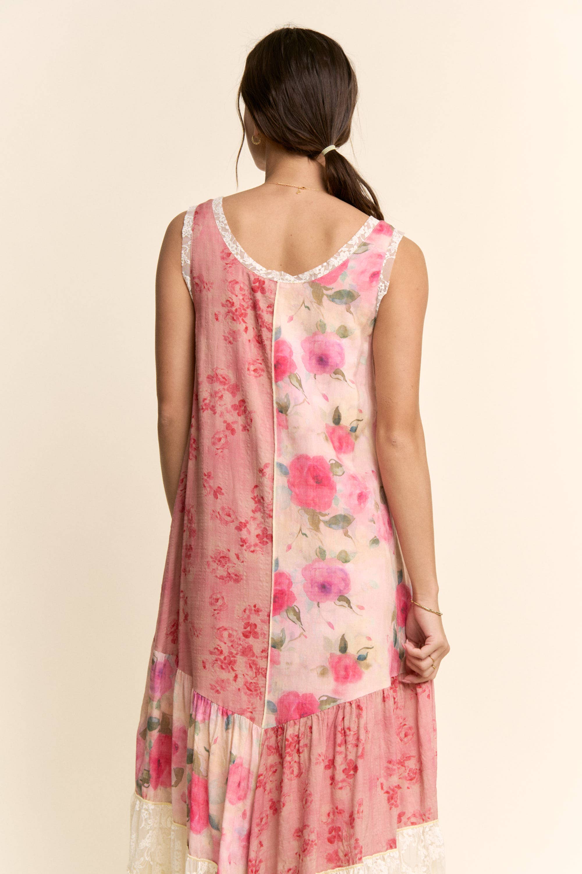 DD60145-PRINT FLOWER PATCHWORK LACE TIERED DRESS
