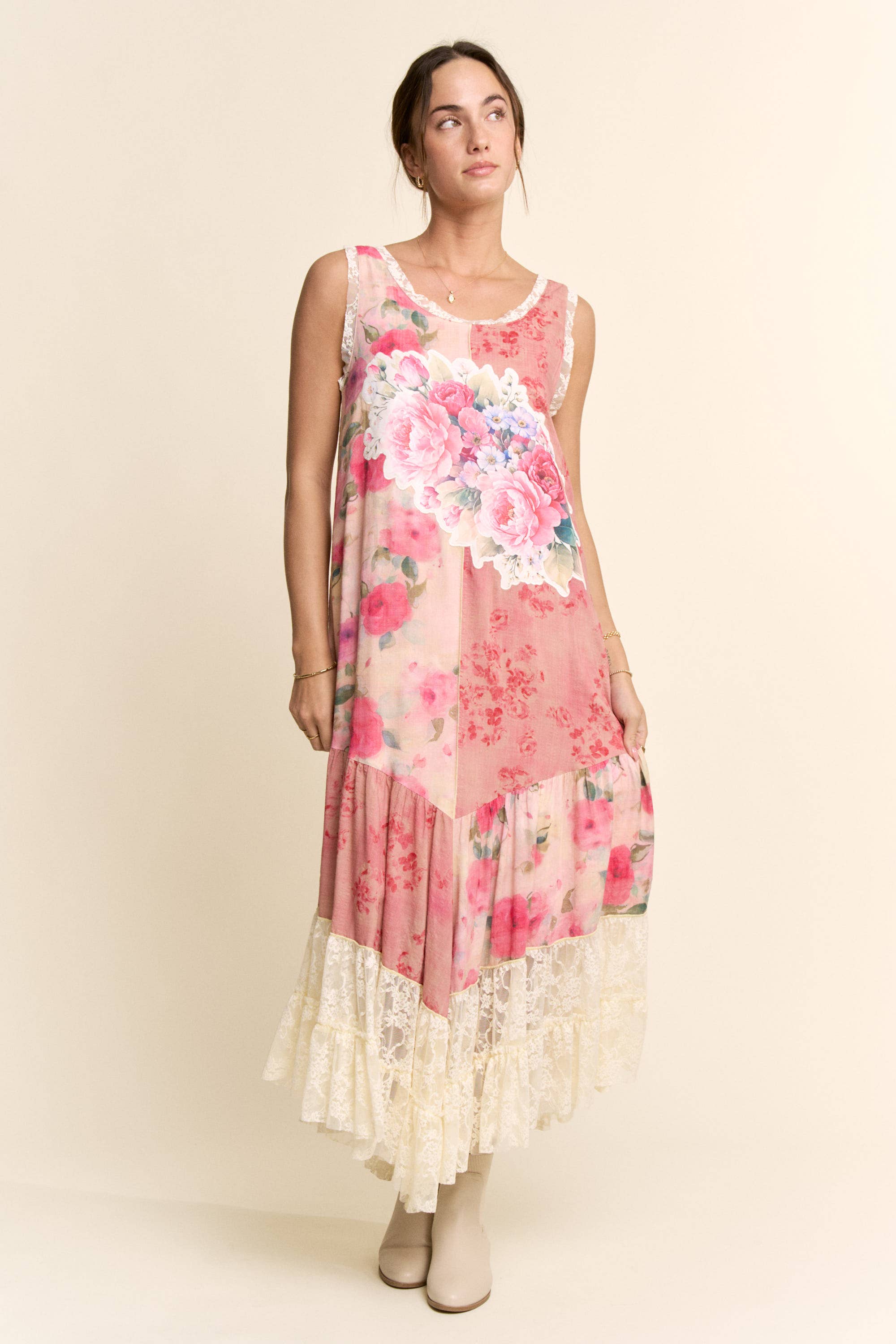DD60145-PRINT FLOWER PATCHWORK LACE TIERED DRESS