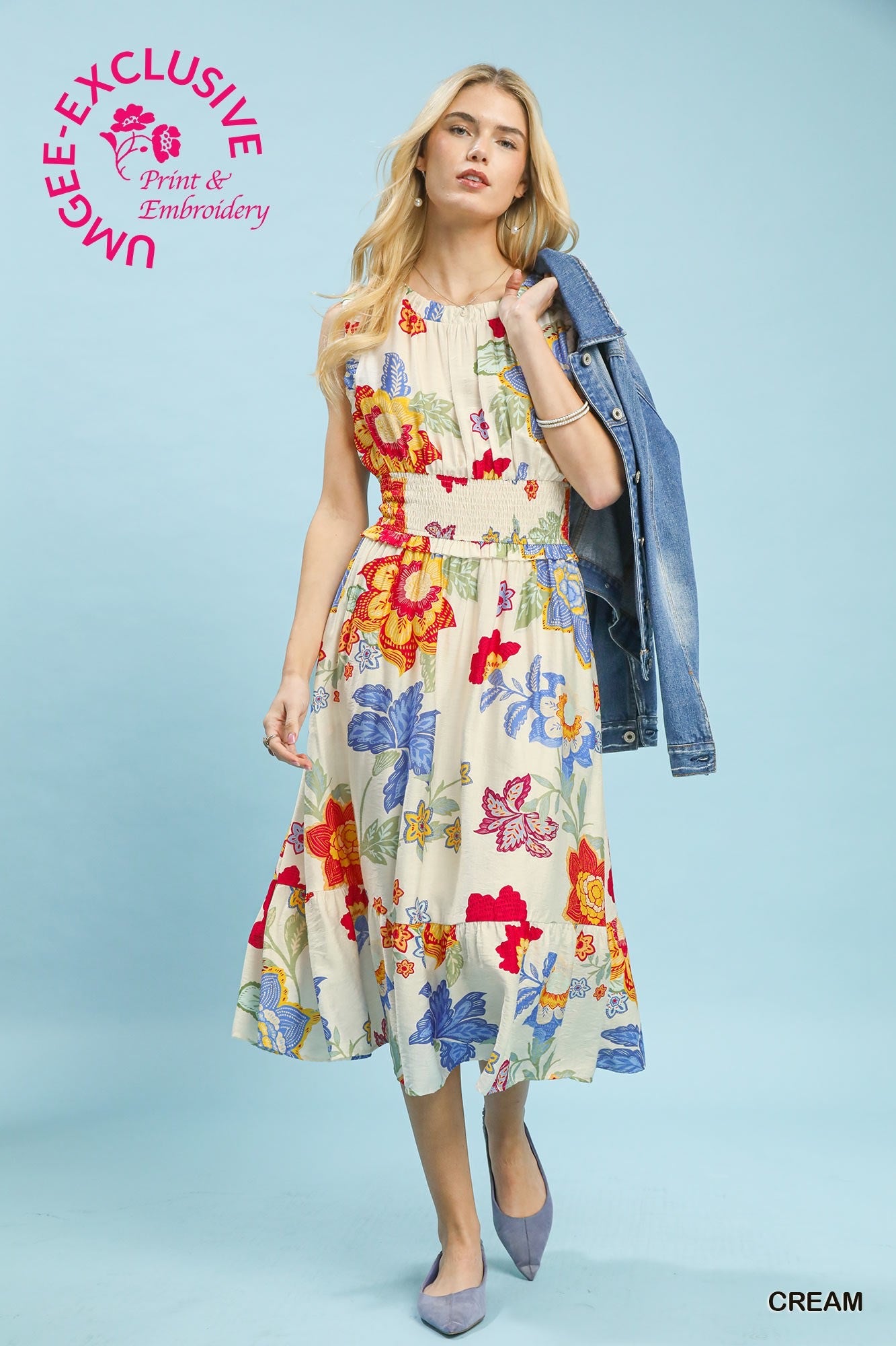 Umgee Exclusive Print Floral Smocked Midi Dress