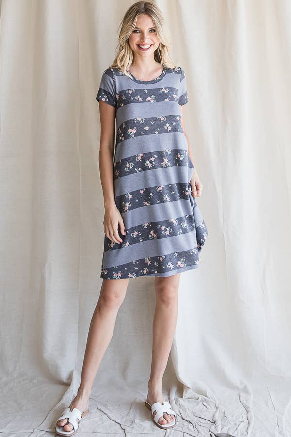 Striped Floral Short Sleeve A Line T Shirt  Dress D4200