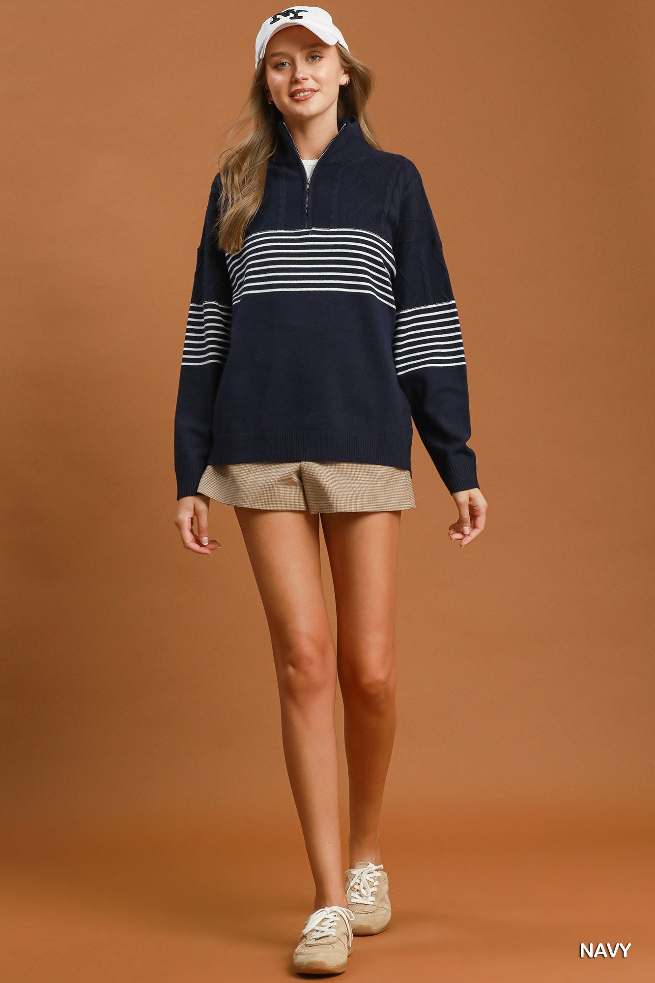 Umgee Quarter Zip Stripe Cabal Knot Sweater