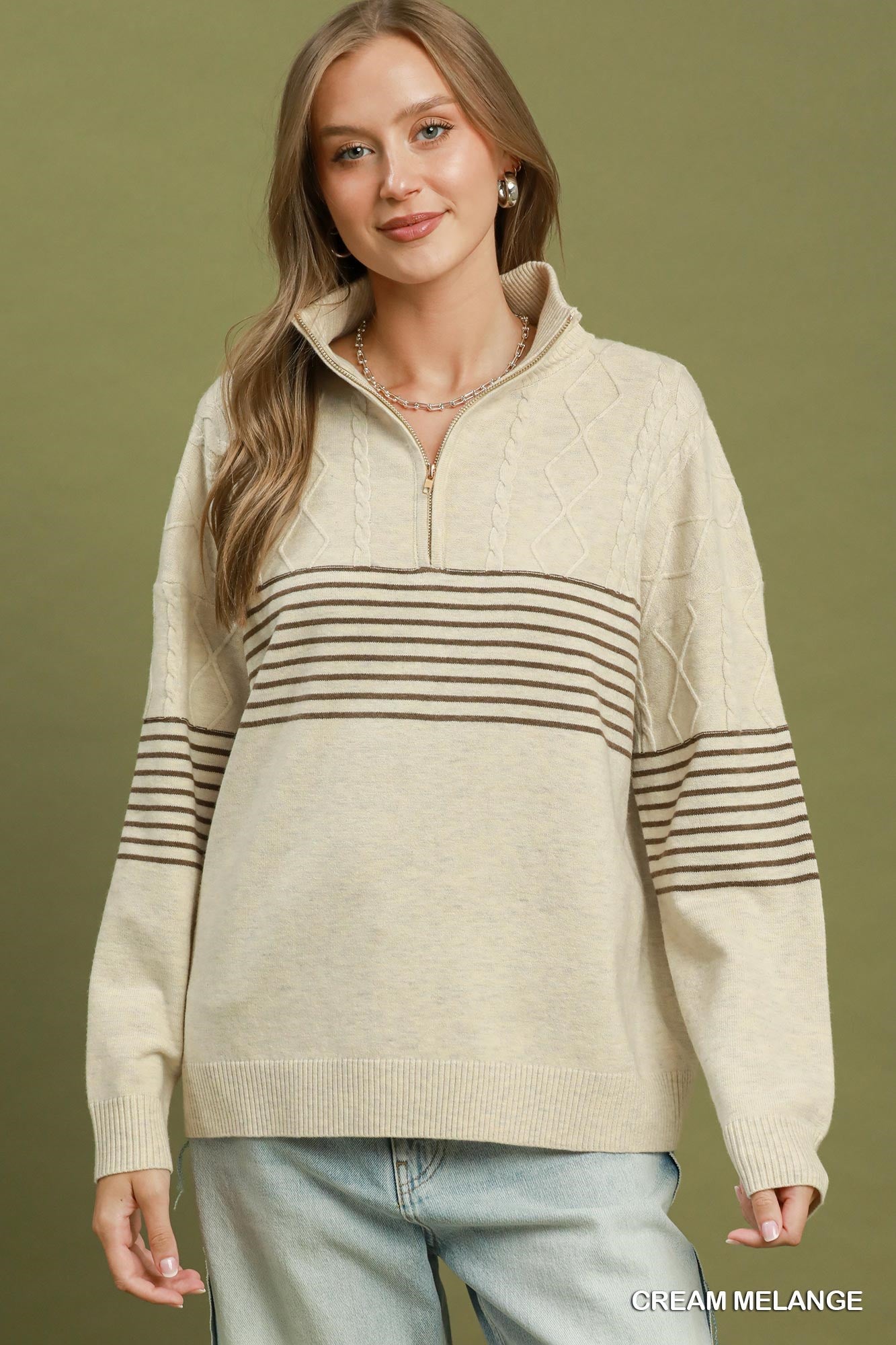 Umgee Quarter Zip Stripe Cabal Knot Sweater