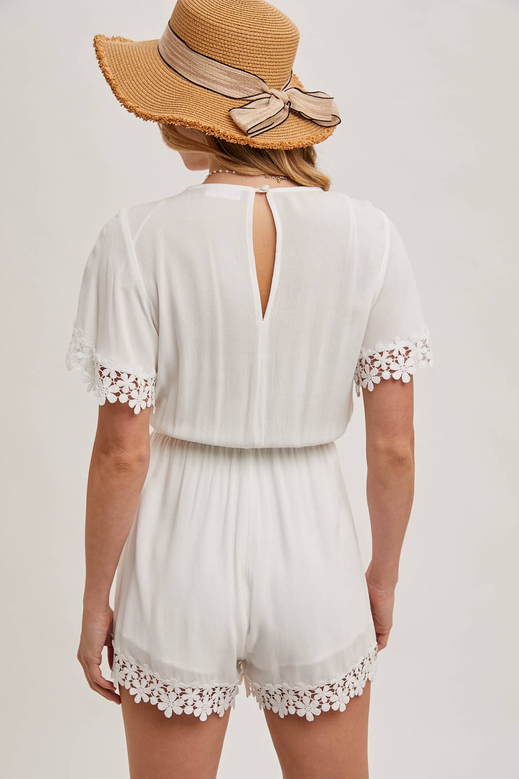 WRAP FLORAL LACE TRIMMED DRAWSTRING ROMPER