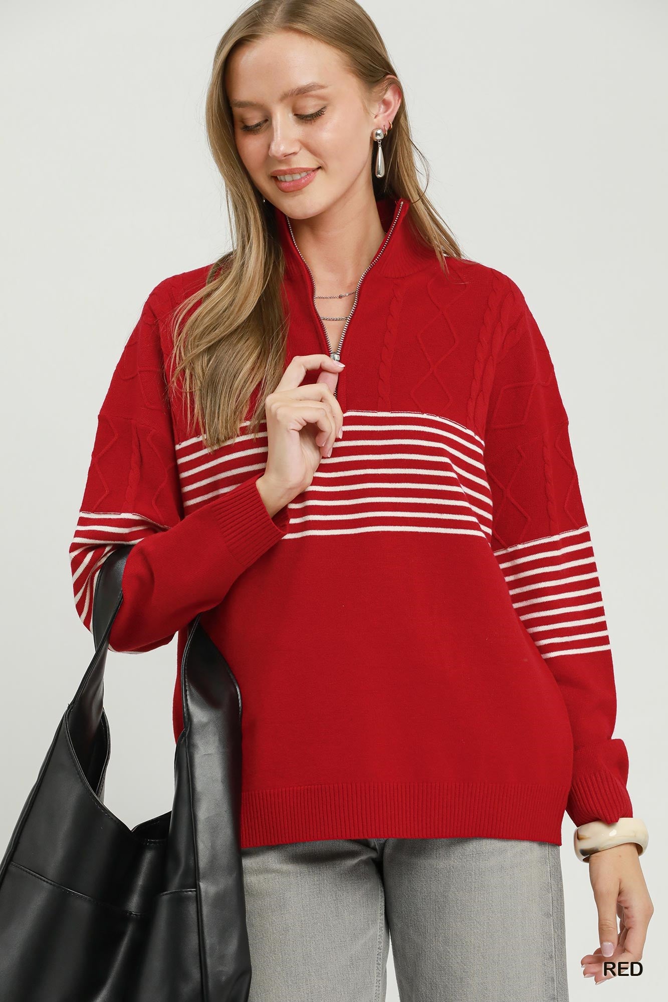 Umgee Quarter Zip Stripe Cabal Knot Sweater