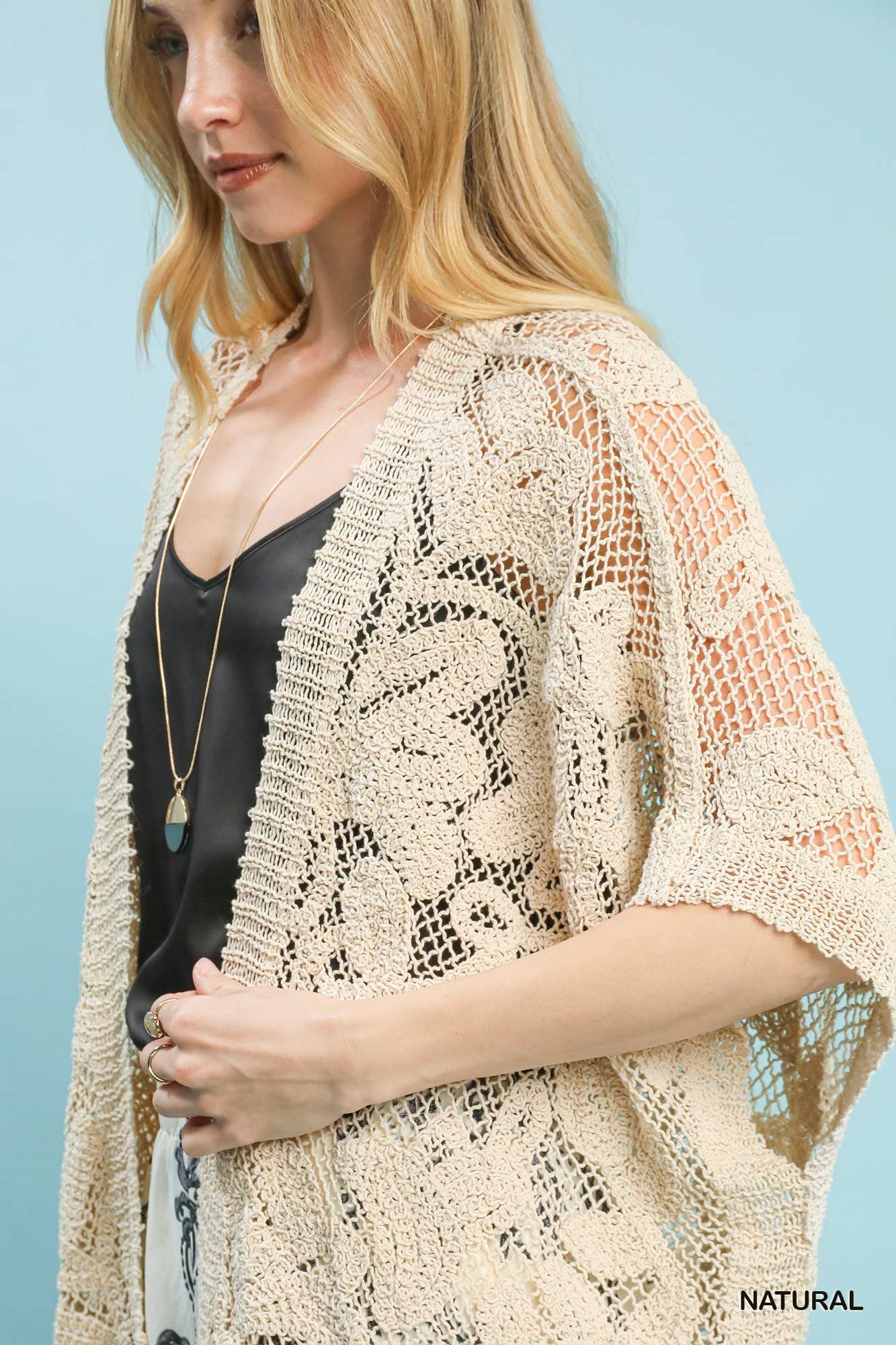 Umgee Open Knit Crochet Kimono Cardigan