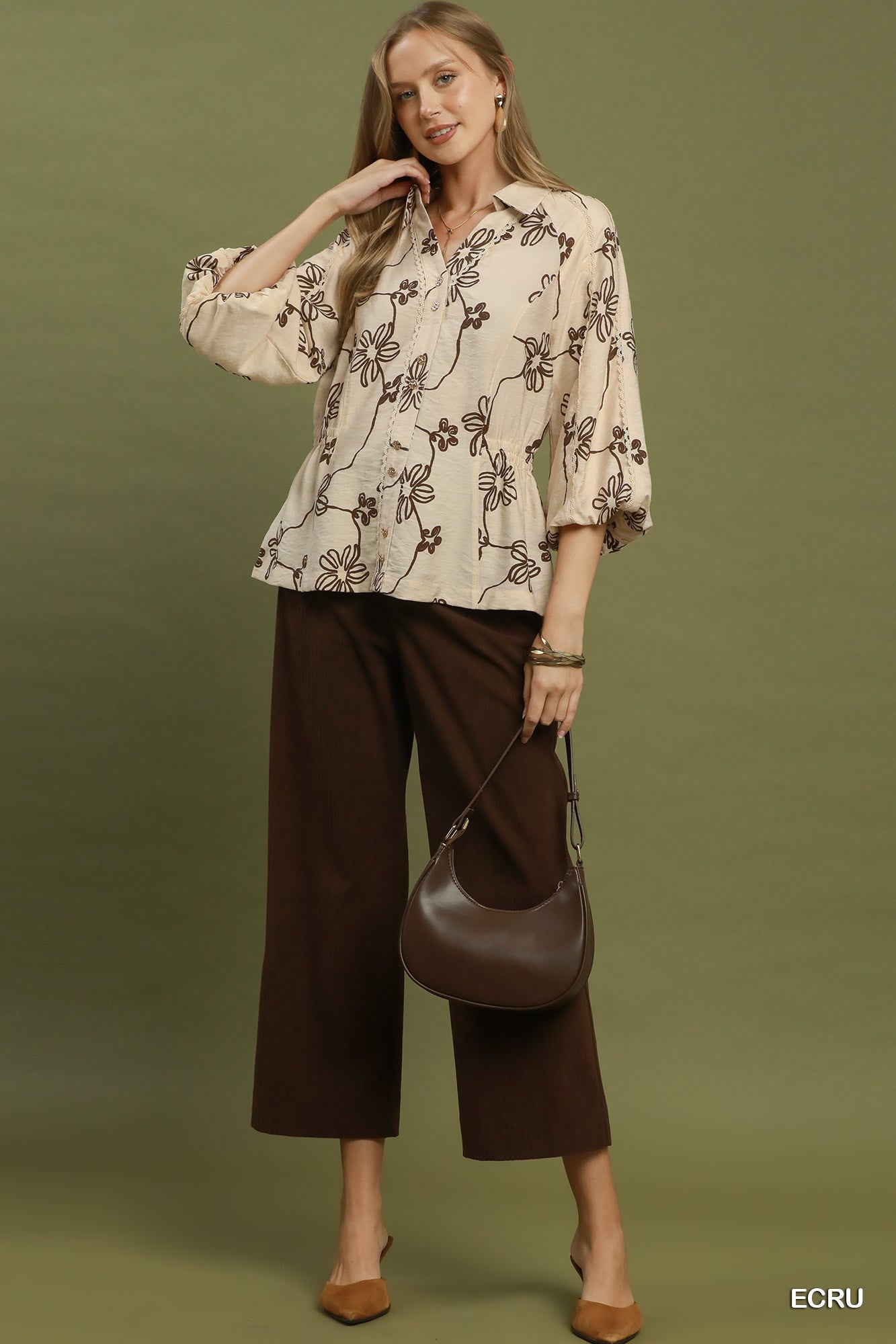 Umgee Floral Print Button Front Collared Blouse