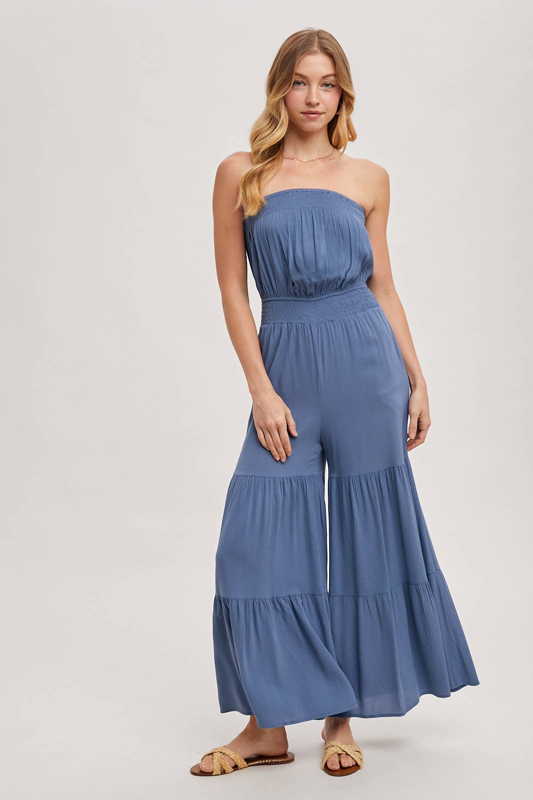SMOCKED TIERED WIDE LEG JUMPSUIT