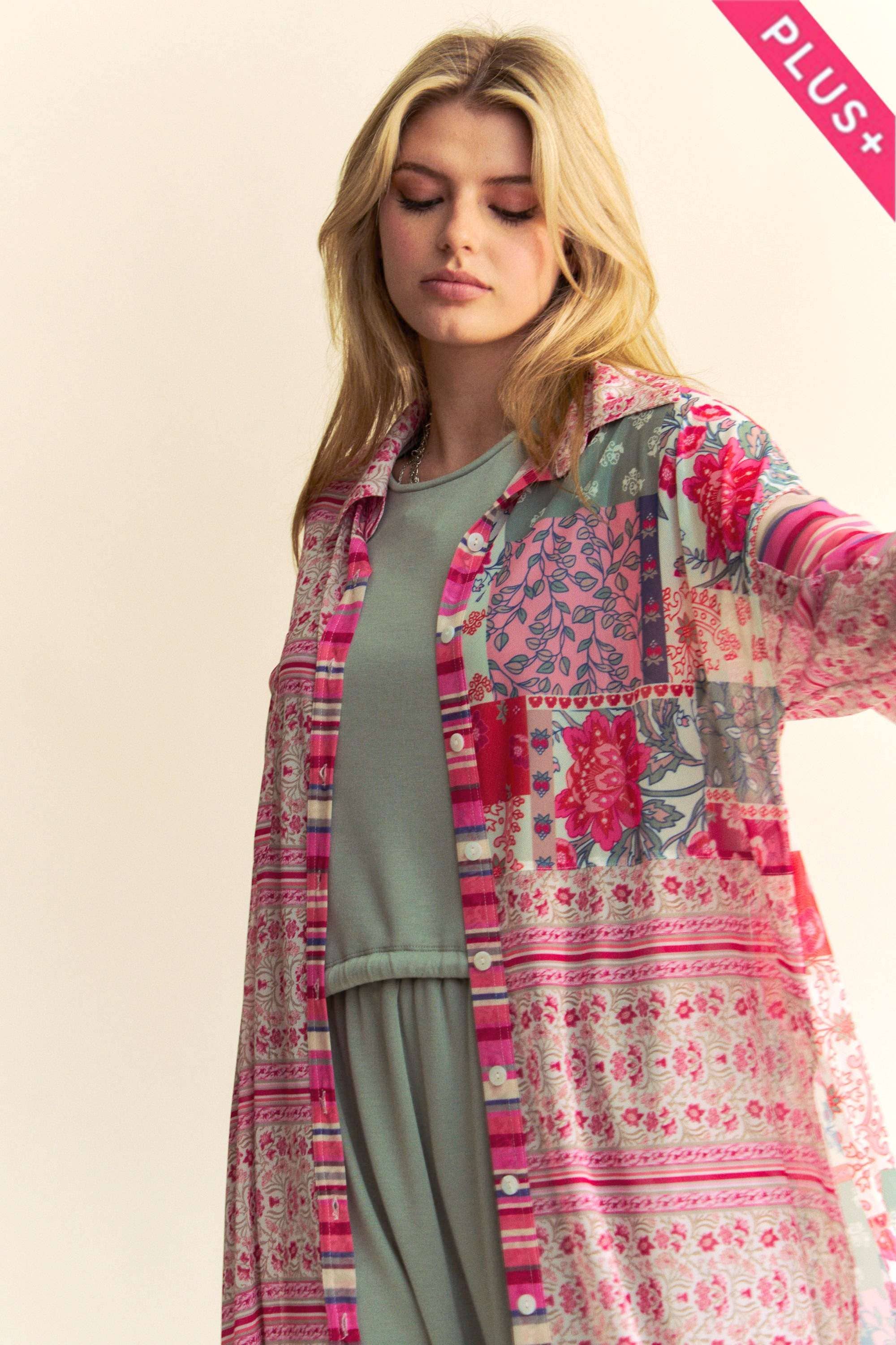 PT30864 - PLUS BUTTON FRONT MAXI SHIRT COVER-UP TOP