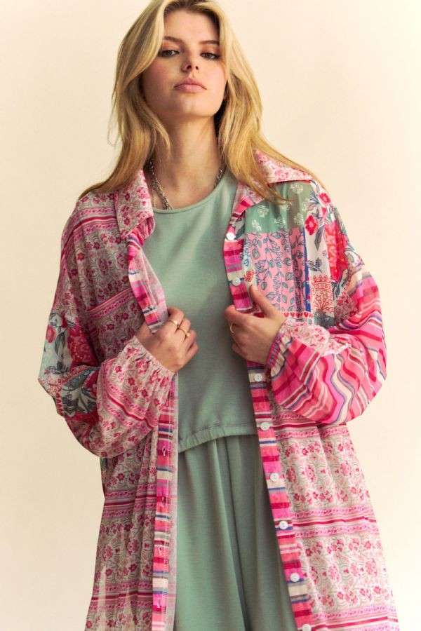 PT30864 - PLUS BUTTON FRONT MAXI SHIRT COVER-UP TOP