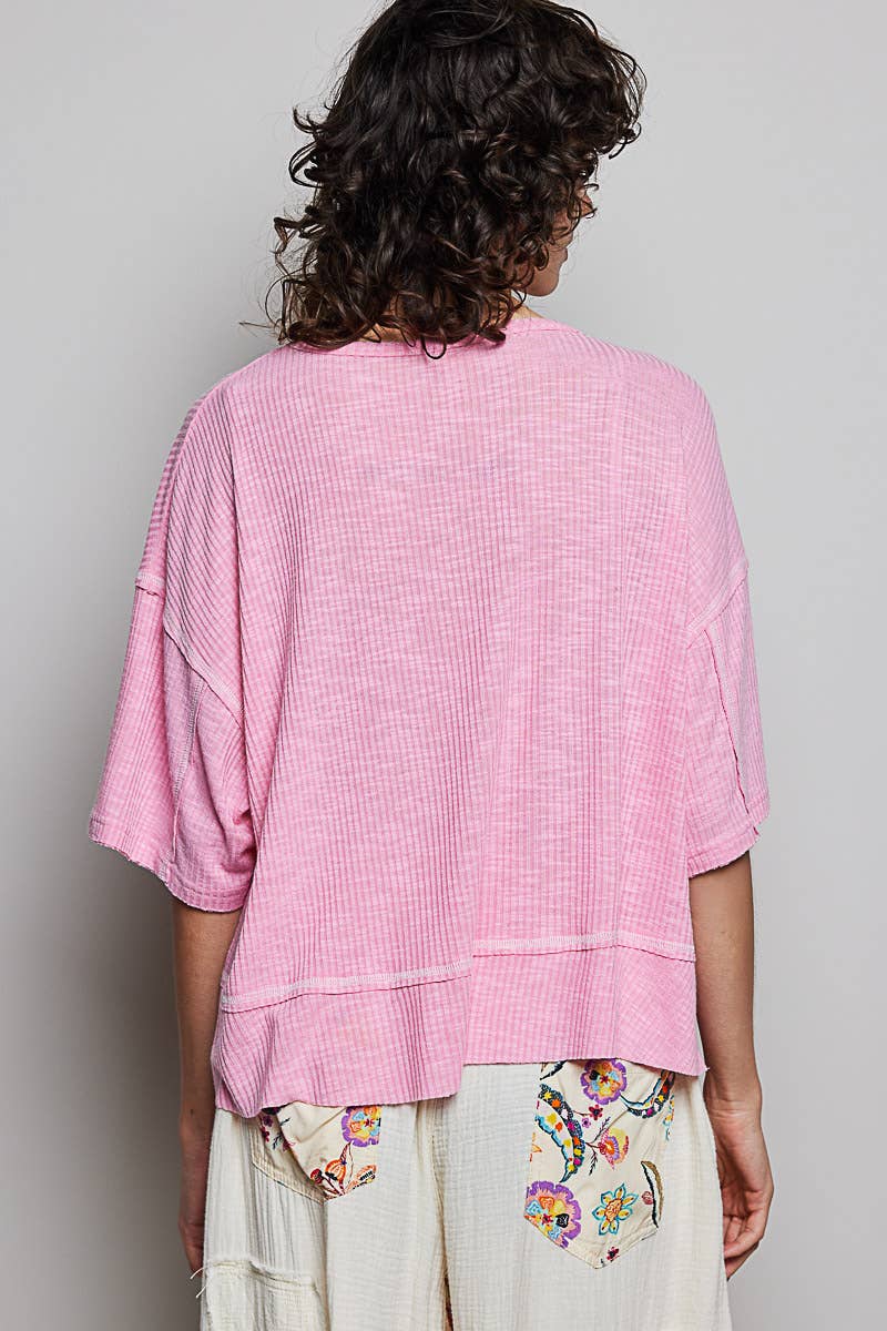 Round Neck Half Sleeve Contrast Stitch Rib Knit Top
