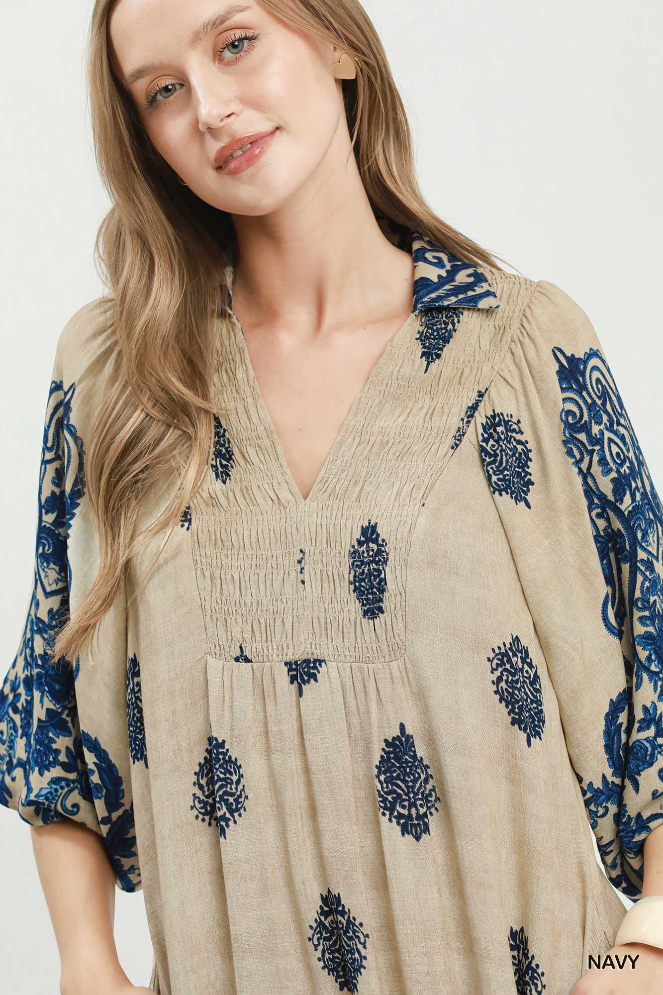 Umgee Border Print Smocked Detail Midi Dress