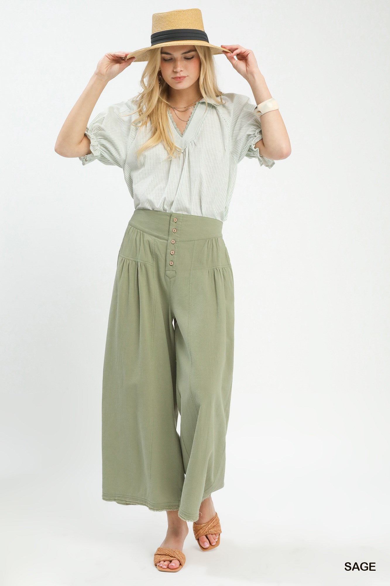 Umgee High Waist Button Front Wide Leg Pants