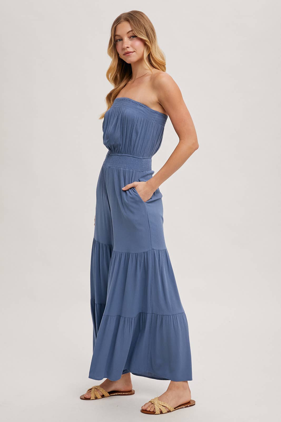 SMOCKED TIERED WIDE LEG JUMPSUIT