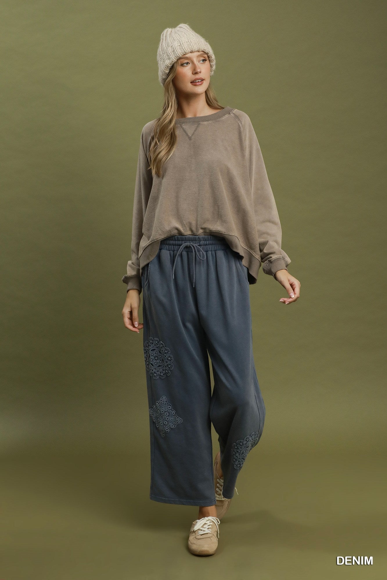 Umgee Mineral Wash Crochet Patch Barrel Pants
