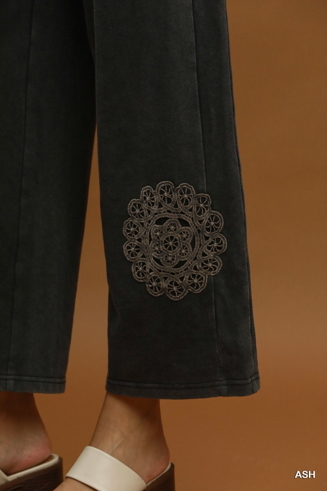 Umgee Mineral Wash Crochet Patch Barrel Pants