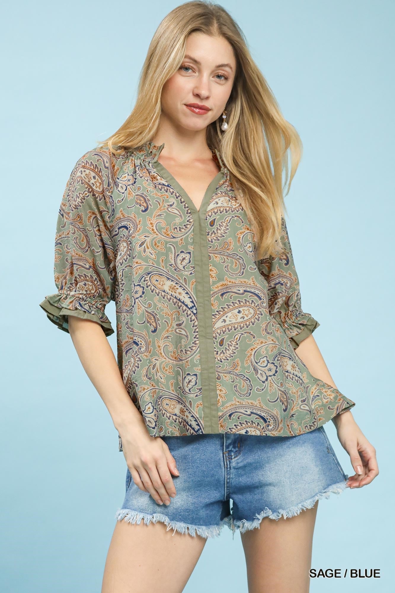 Umgee Paisley Split-Neck Blouse with Ruffle Sleeves