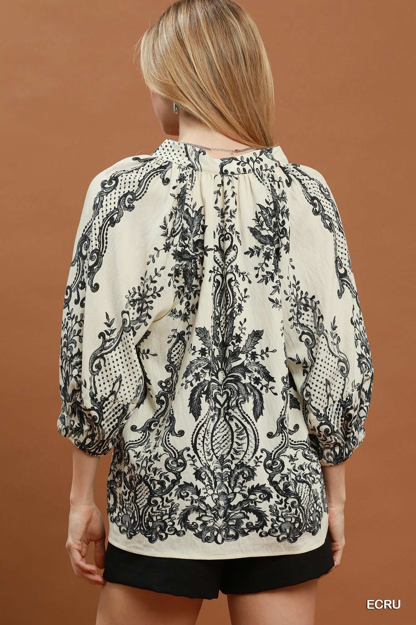 Umgee Boho Border Tie Neck Blouse