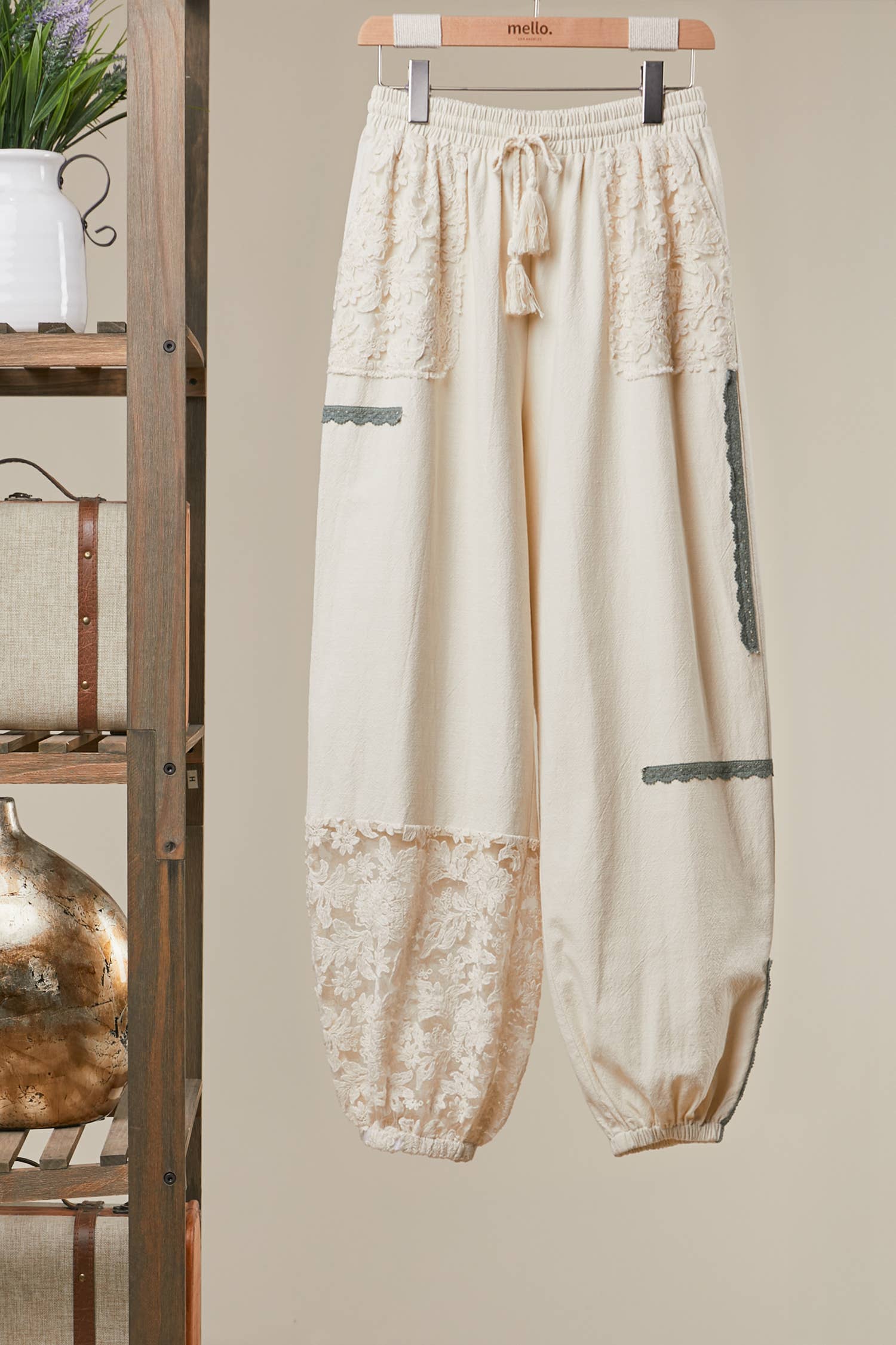 Lace Accents Patchwork Crochet Jogger Pants