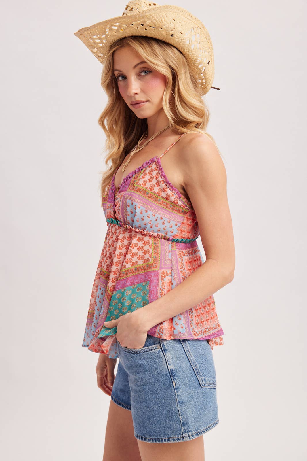 BOHO PATCHWORK PRINTE V-NECK TANK TOP
