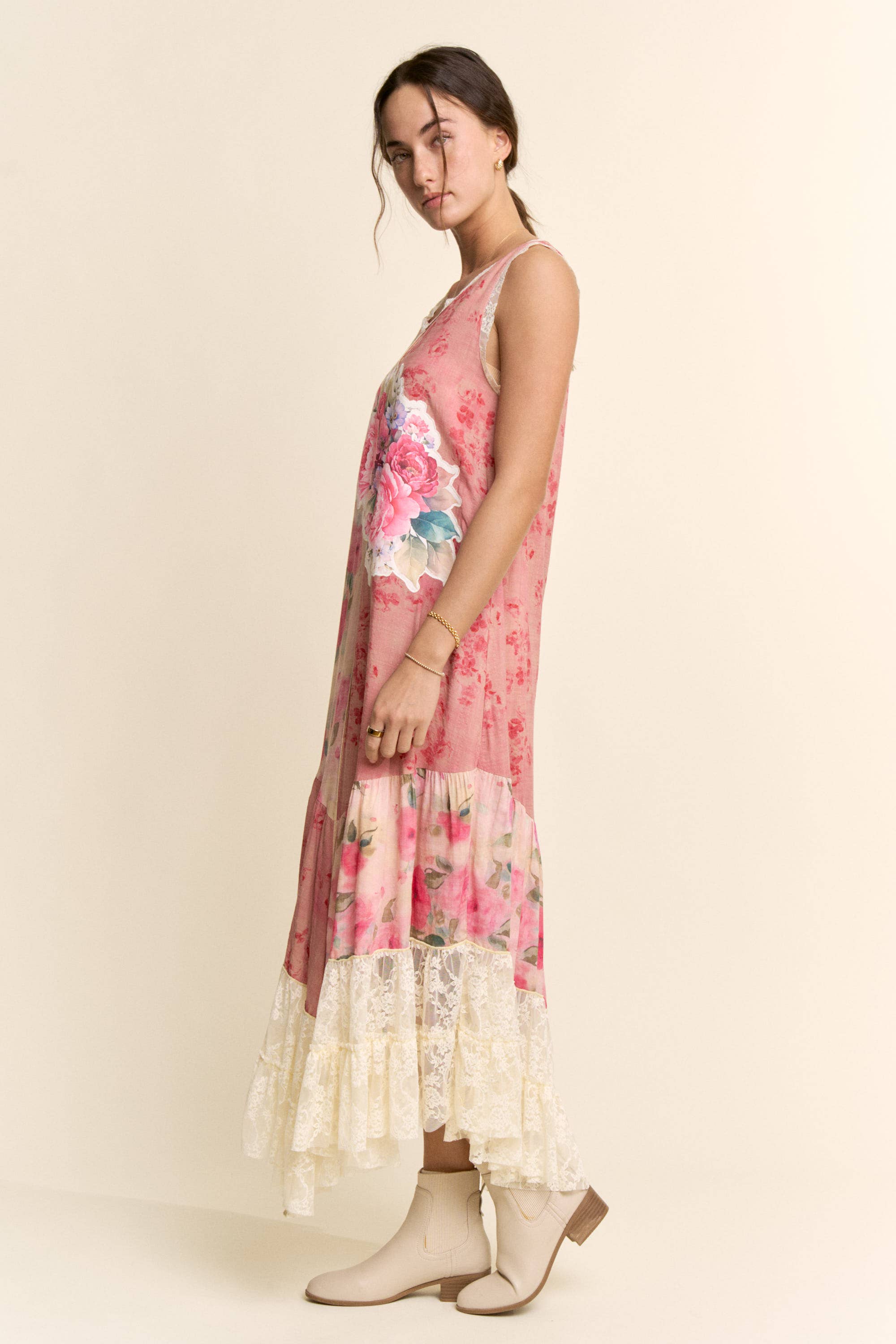 DD60145-PRINT FLOWER PATCHWORK LACE TIERED DRESS
