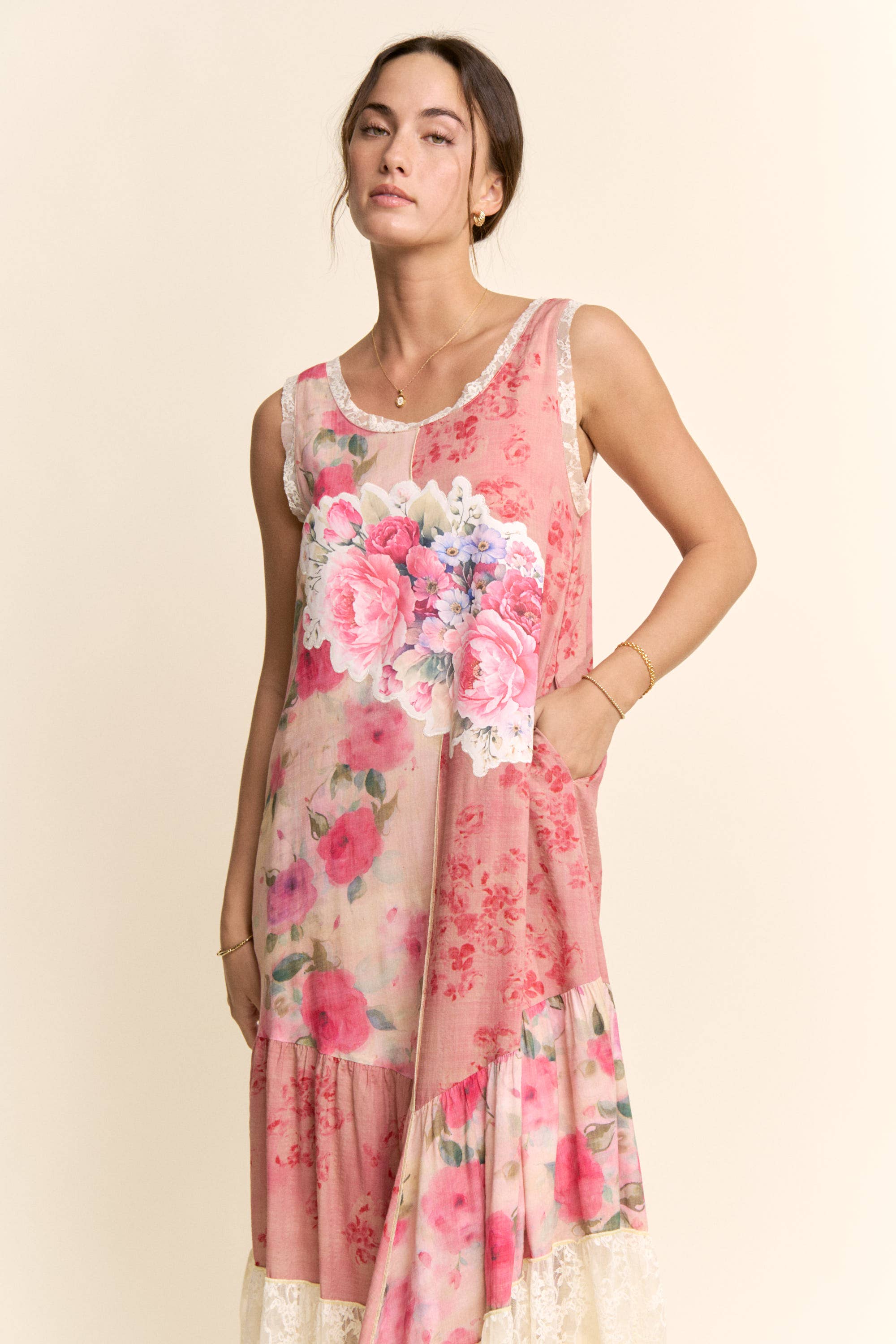 DD60145-PRINT FLOWER PATCHWORK LACE TIERED DRESS