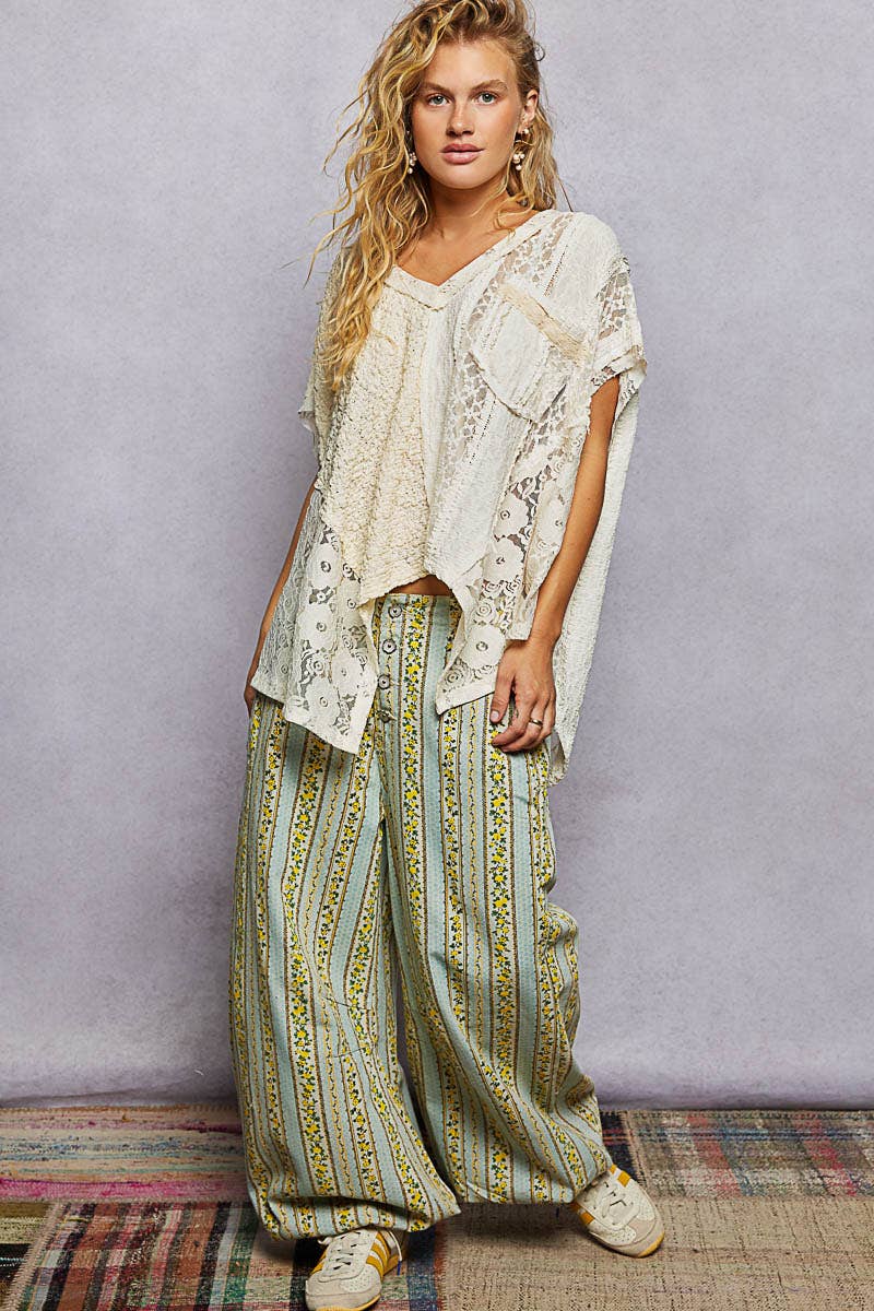 Patchwork Lace Oversized V-Neck Raw Edge Top