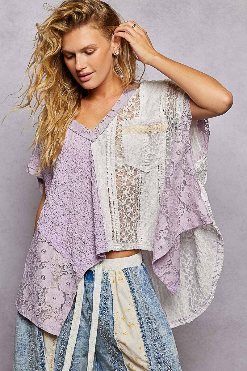 Patchwork Lace Oversized V-Neck Raw Edge Top