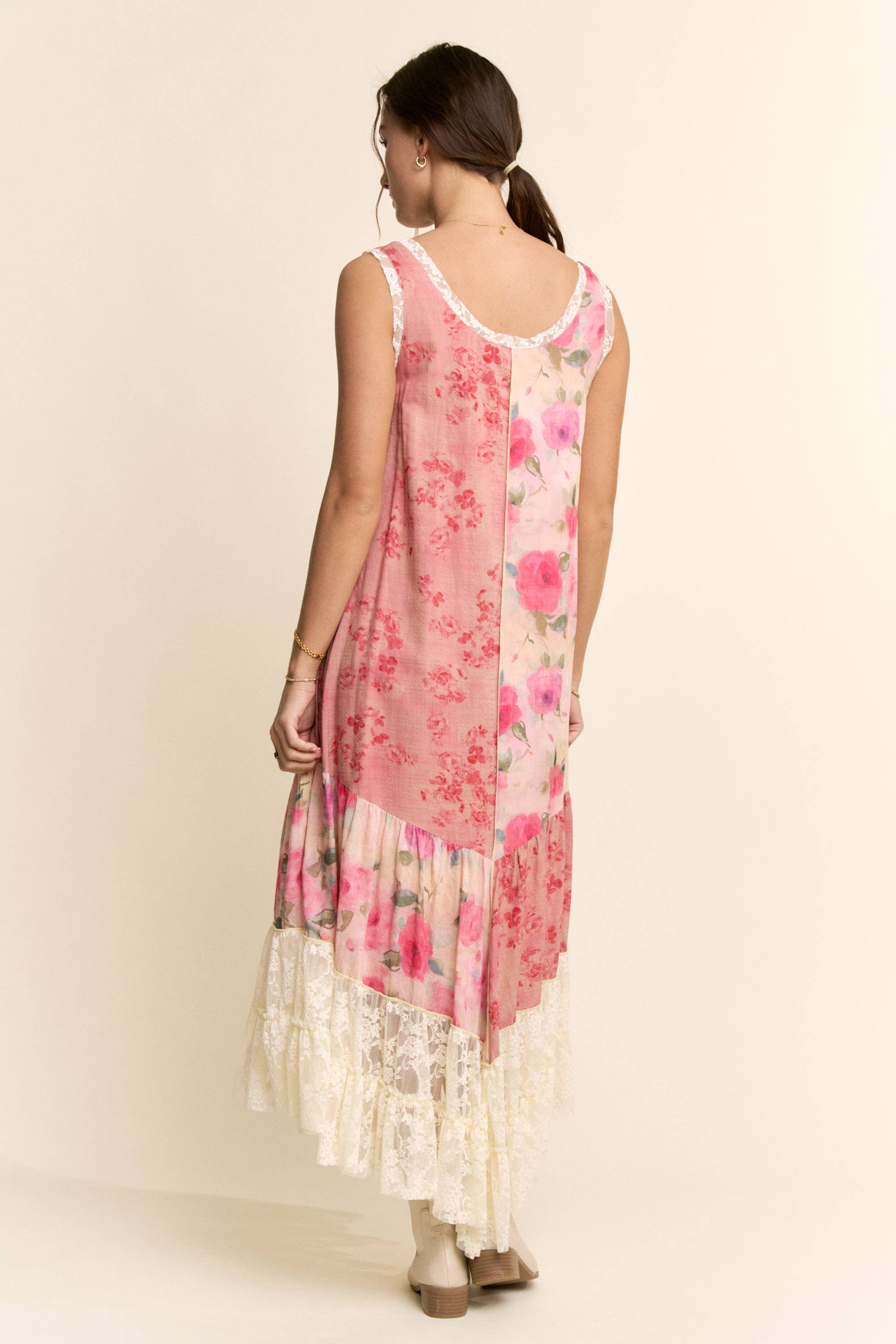 DD60145-PRINT FLOWER PATCHWORK LACE TIERED DRESS