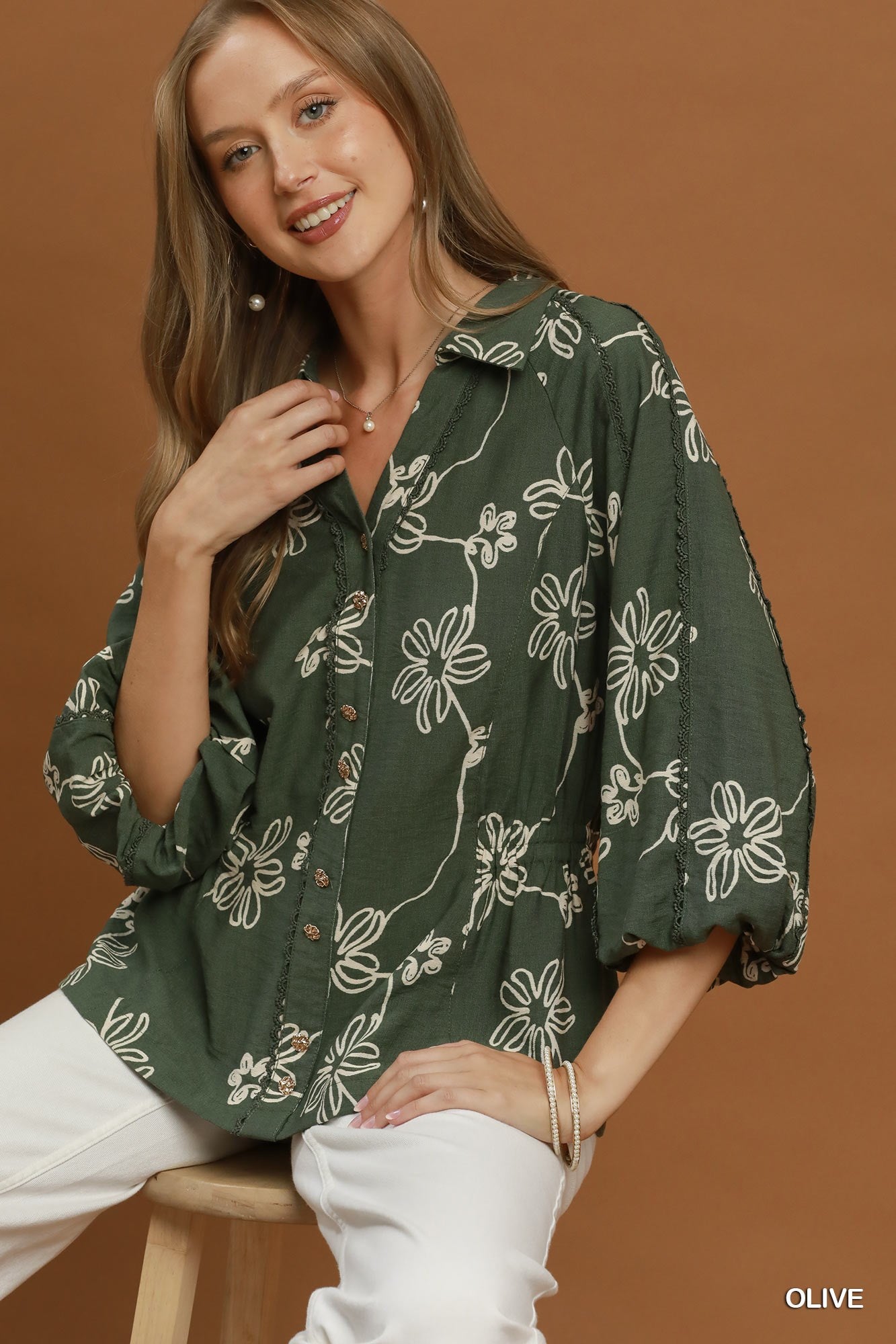 Umgee Floral Print Button Front Collared Blouse