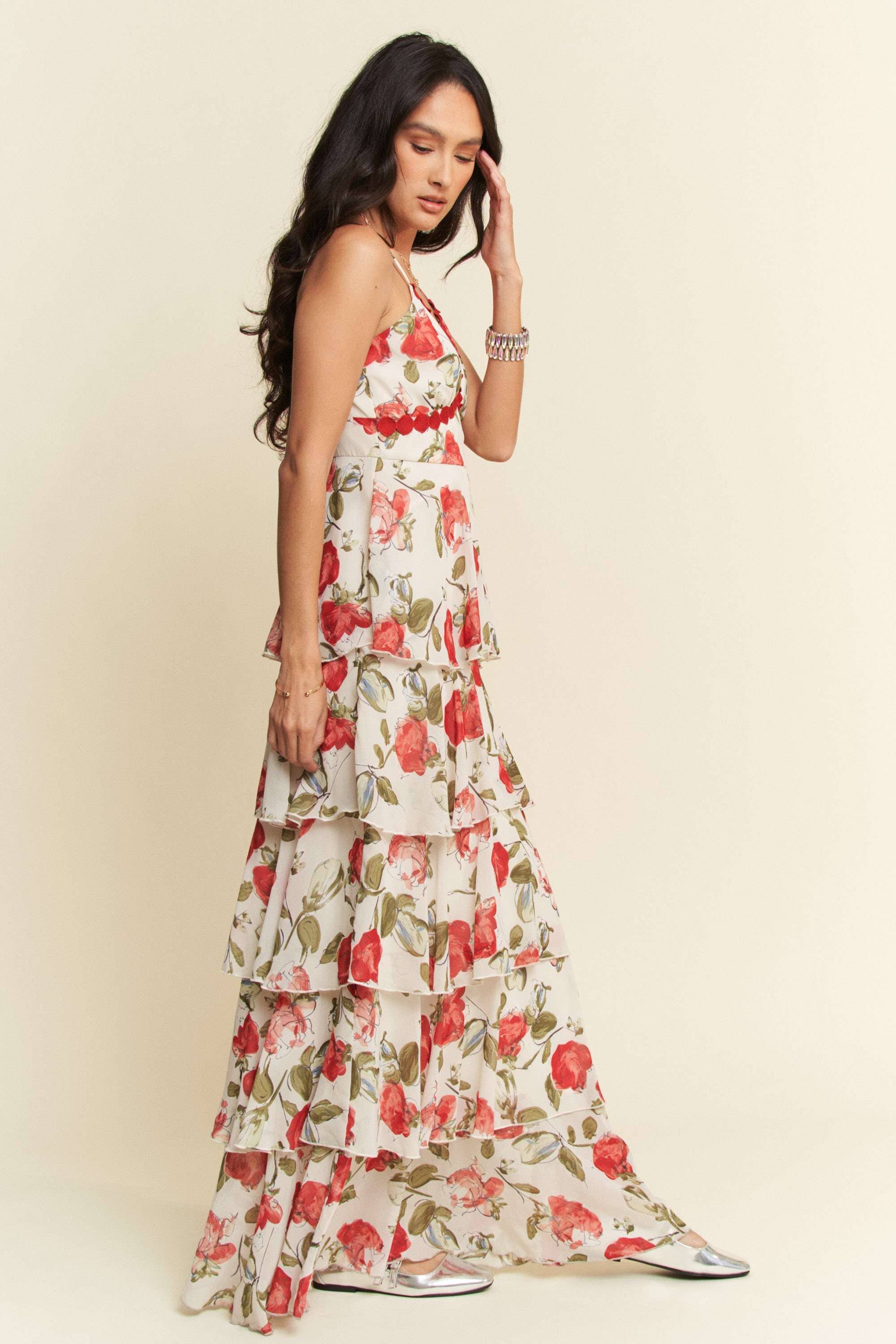 CONTRAST RING LACE CAMI TIERED RUFFLE MAXI DRESS