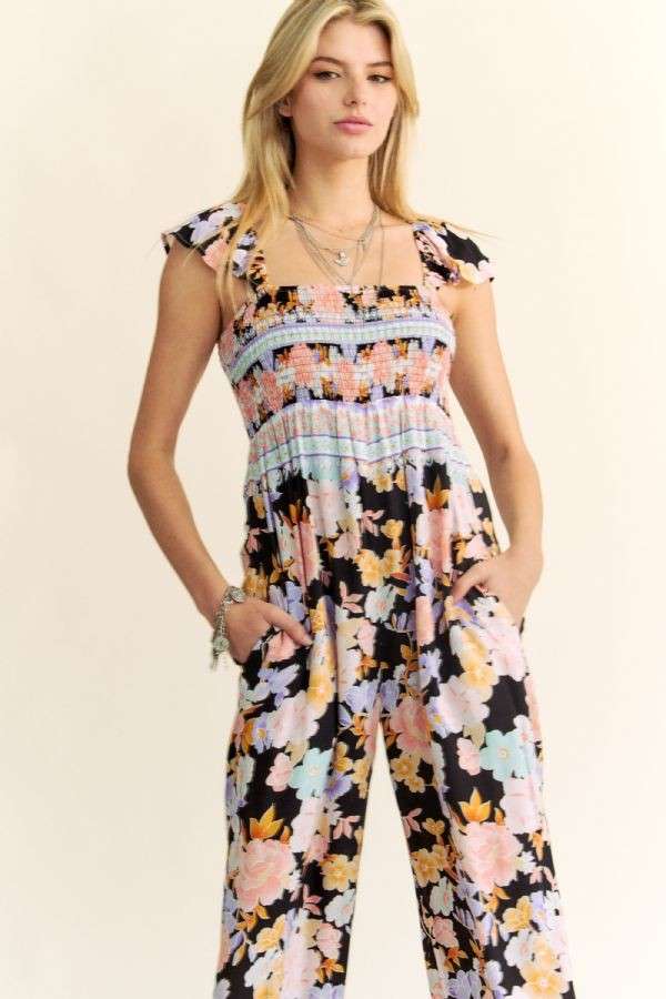 FLORAL BORDER SMOCKED BODICE RUFFLED JUMPSUIT