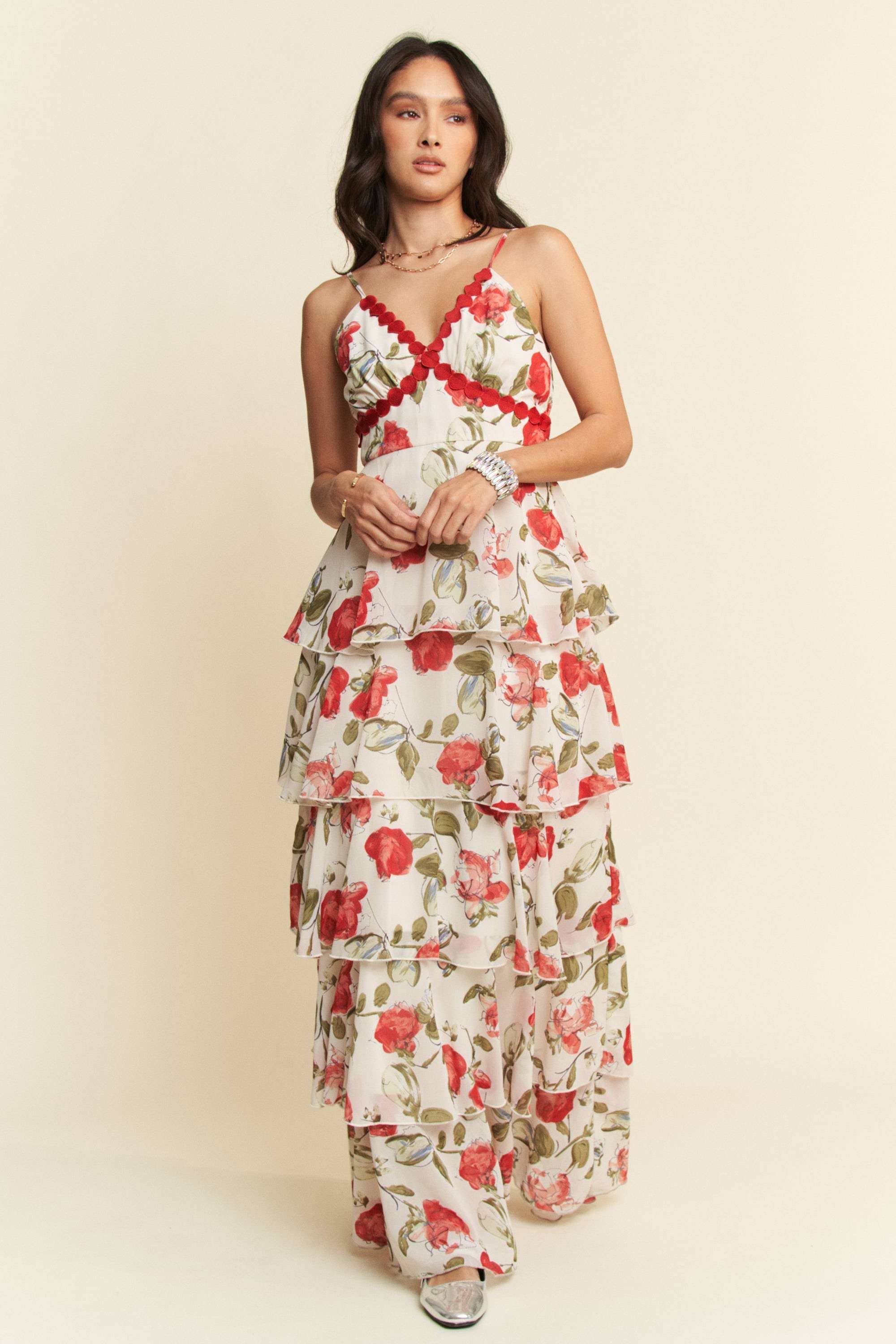 CONTRAST RING LACE CAMI TIERED RUFFLE MAXI DRESS