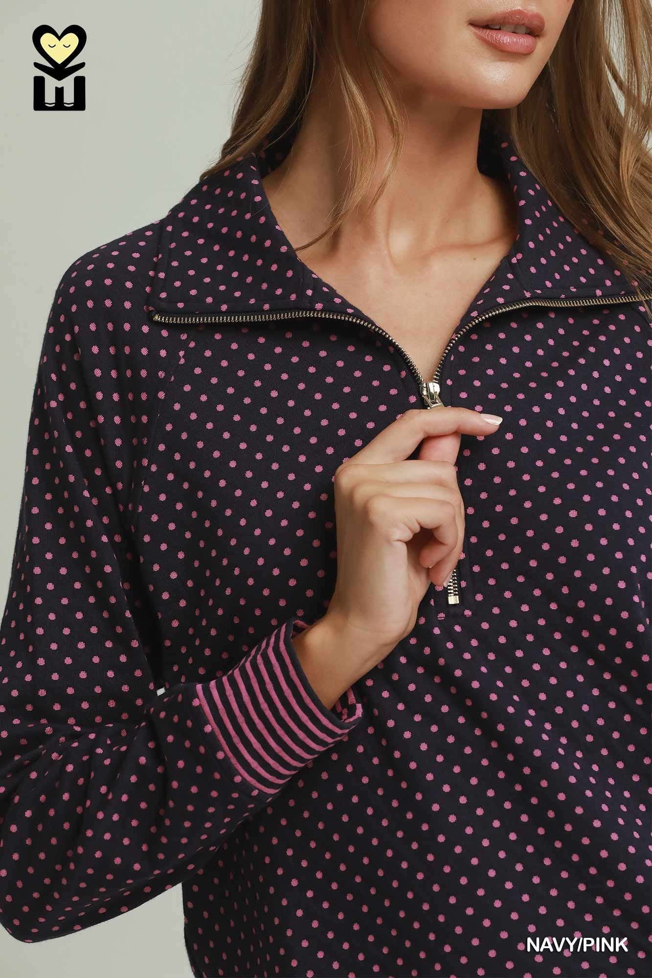 MOHME by Umgee Polka Dot Half Zip Pullover