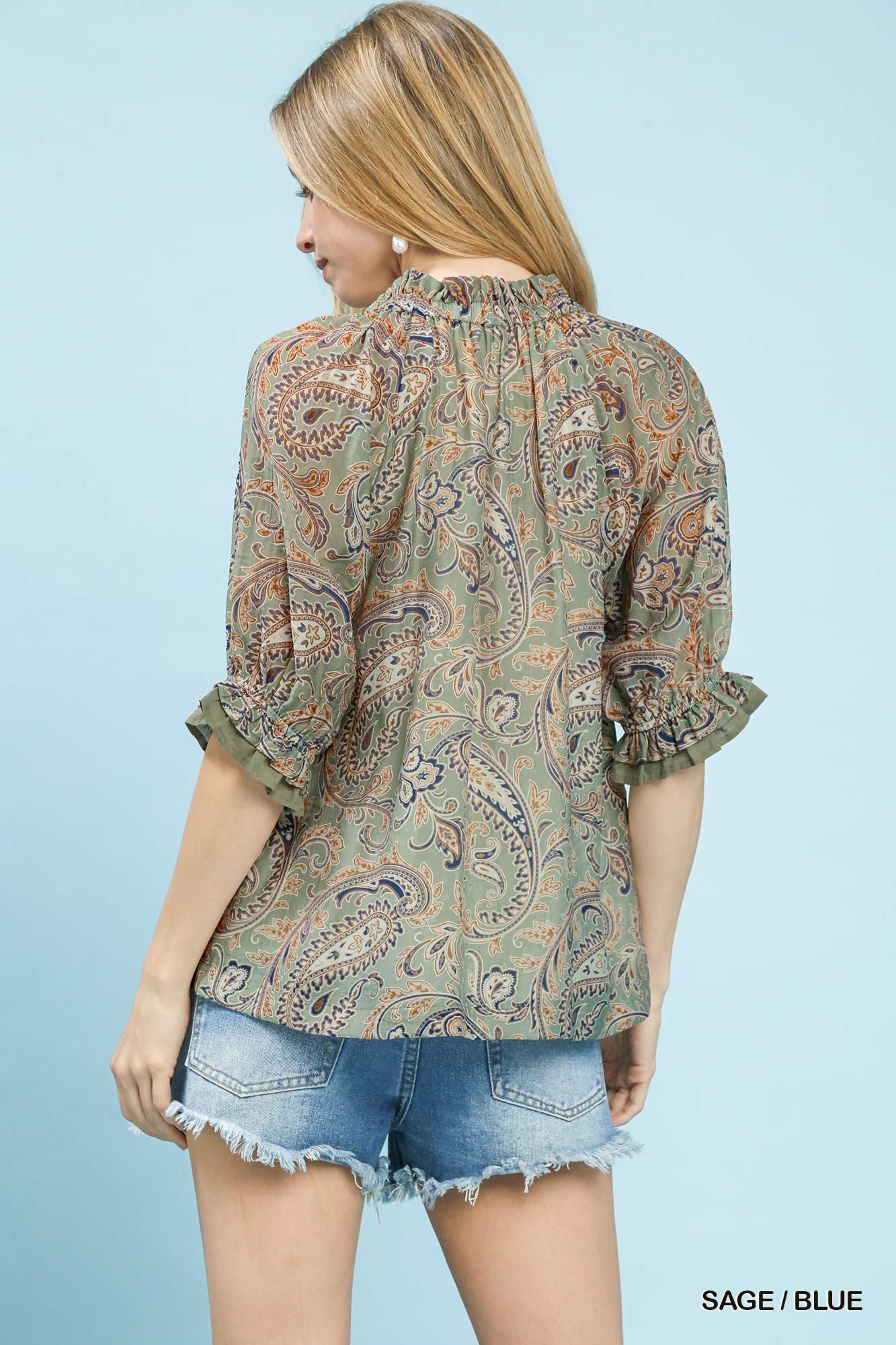 Umgee Paisley Split-Neck Blouse with Ruffle Sleeves