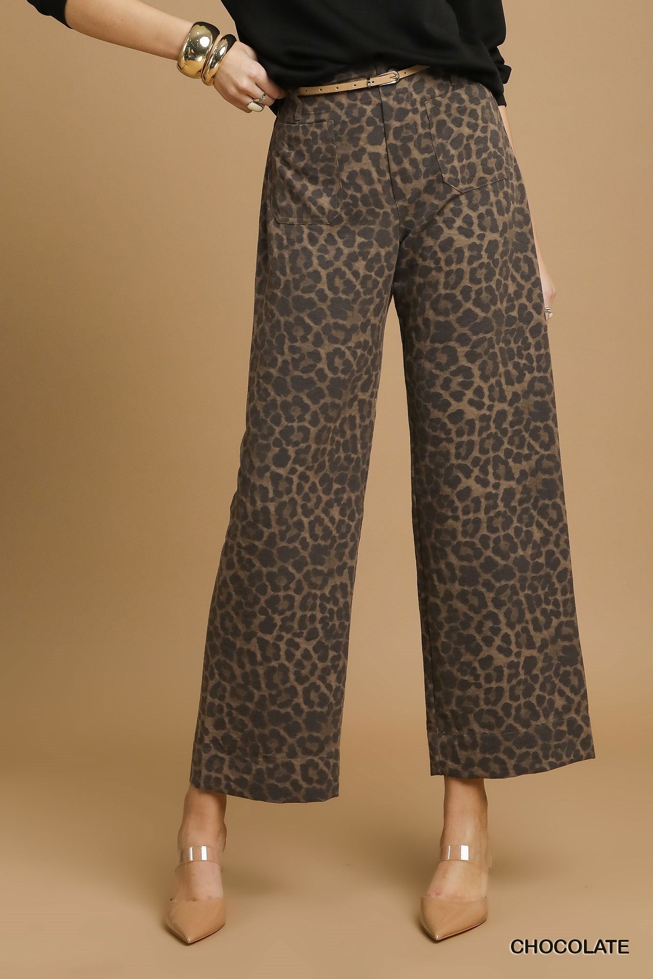 Umgee Leopard Chocolate Wide Leg Pants