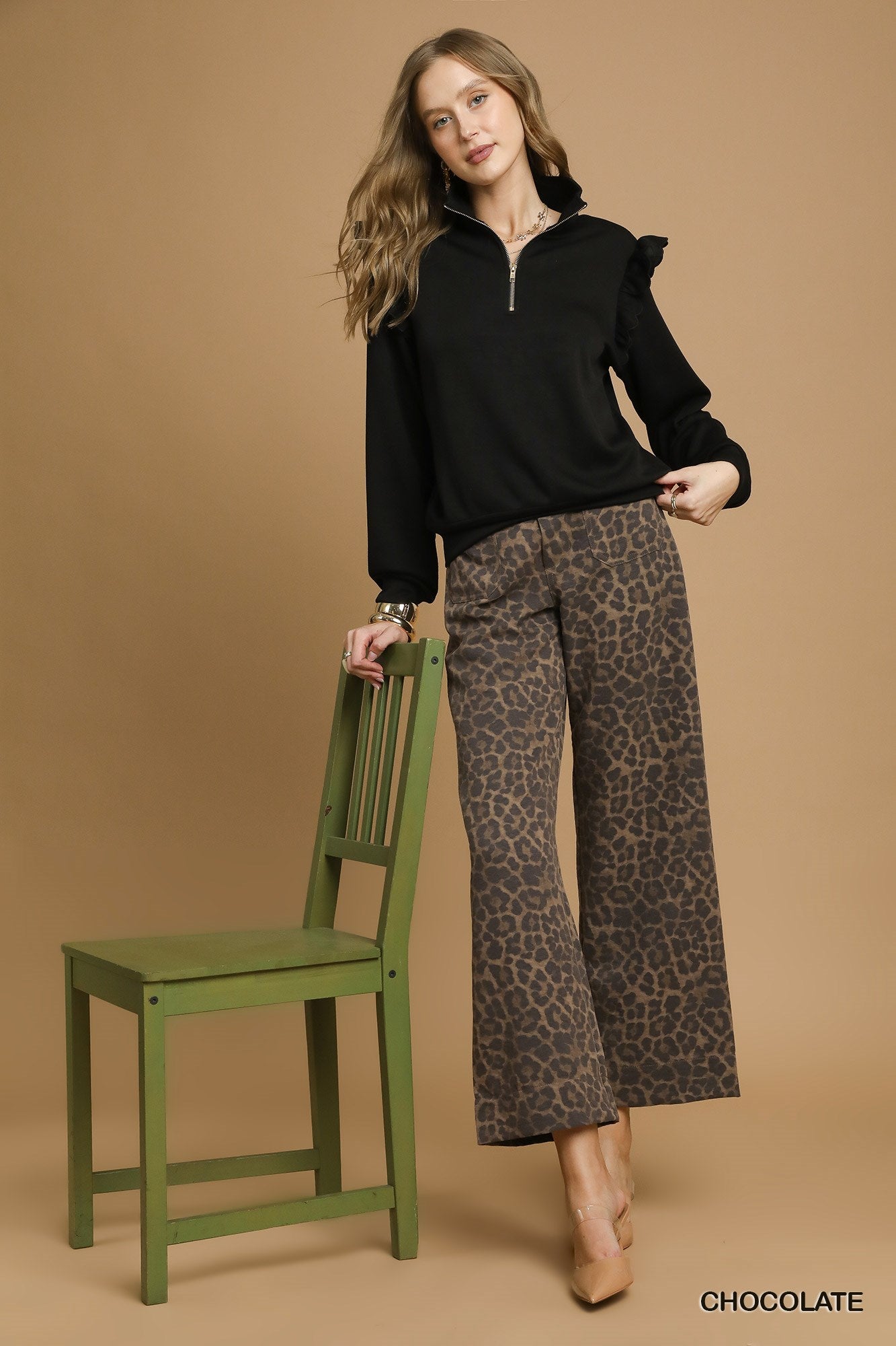 Umgee Leopard Chocolate Wide Leg Pants
