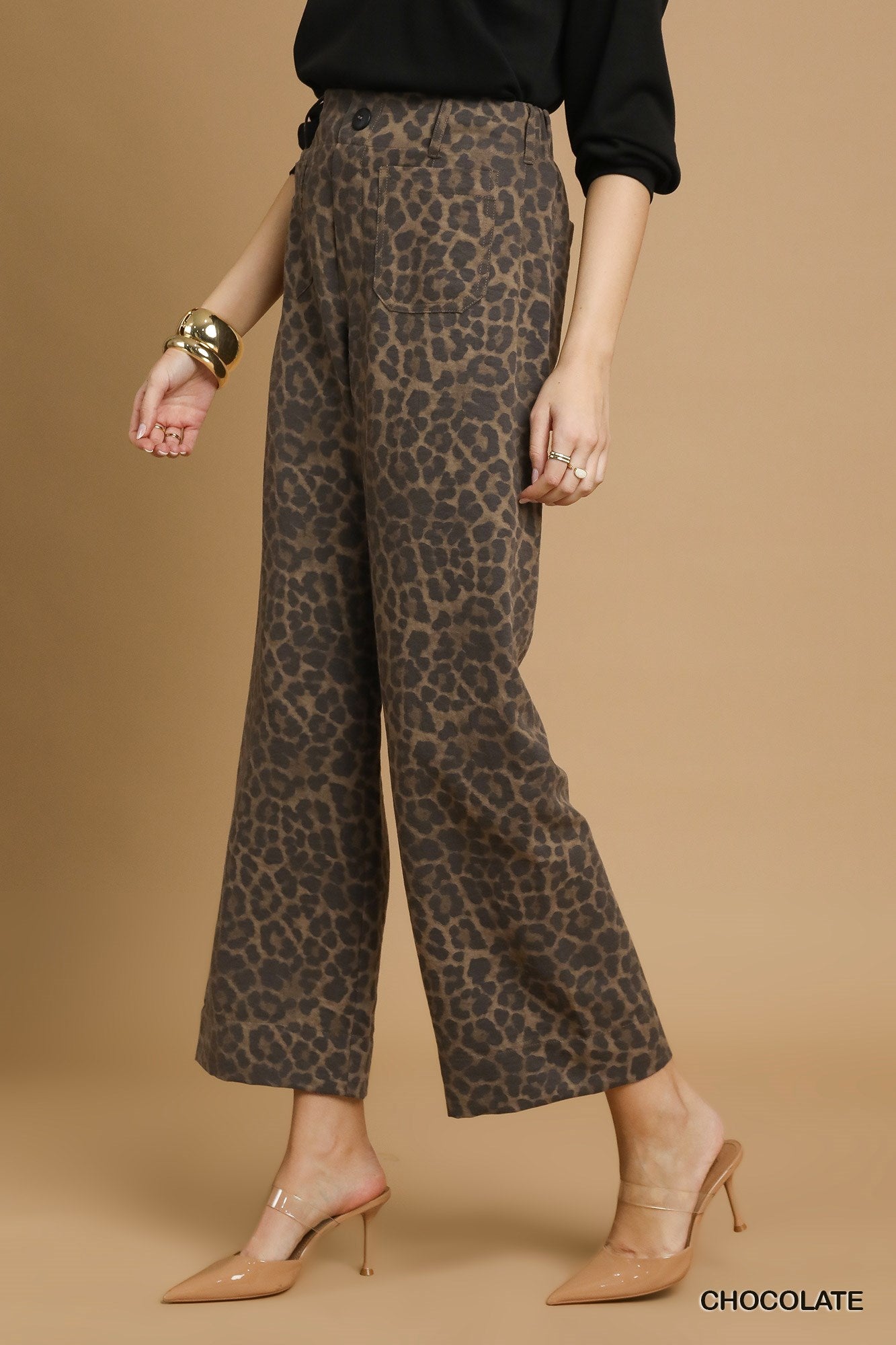 Umgee Leopard Chocolate Wide Leg Pants