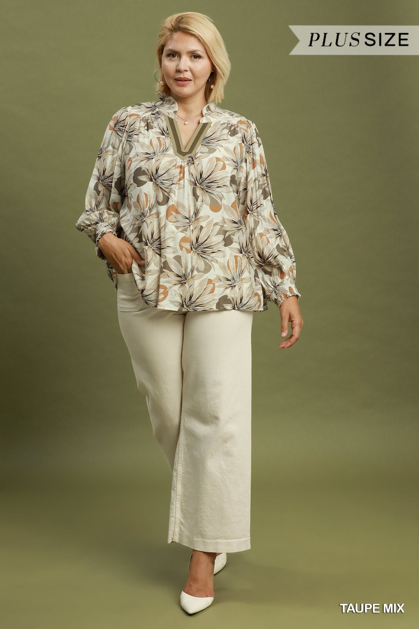 Umgee Floral Ruffle V- Neck