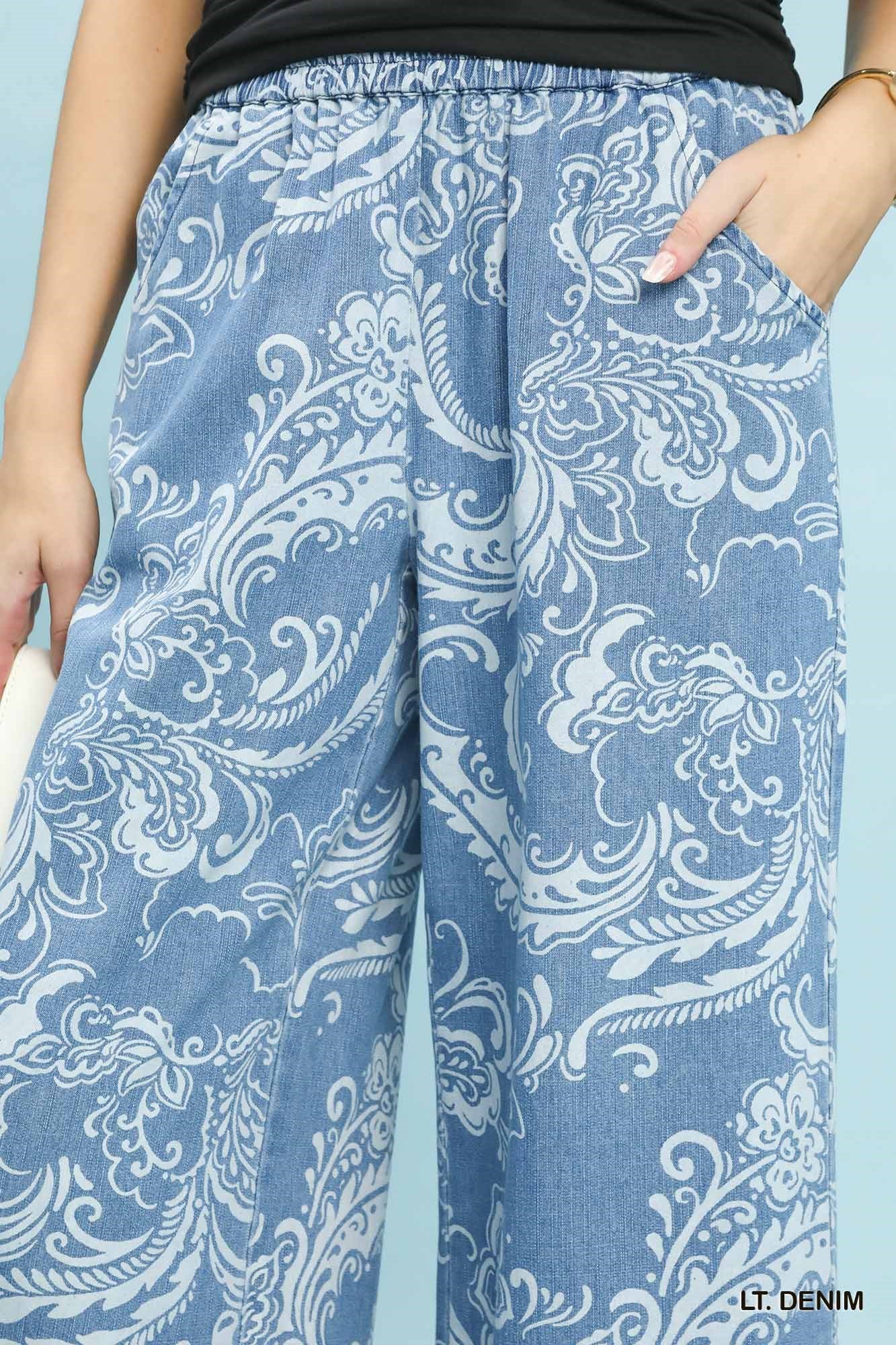 Umgee Exclusive Print Stone Wash Wide Leg Crop Pants