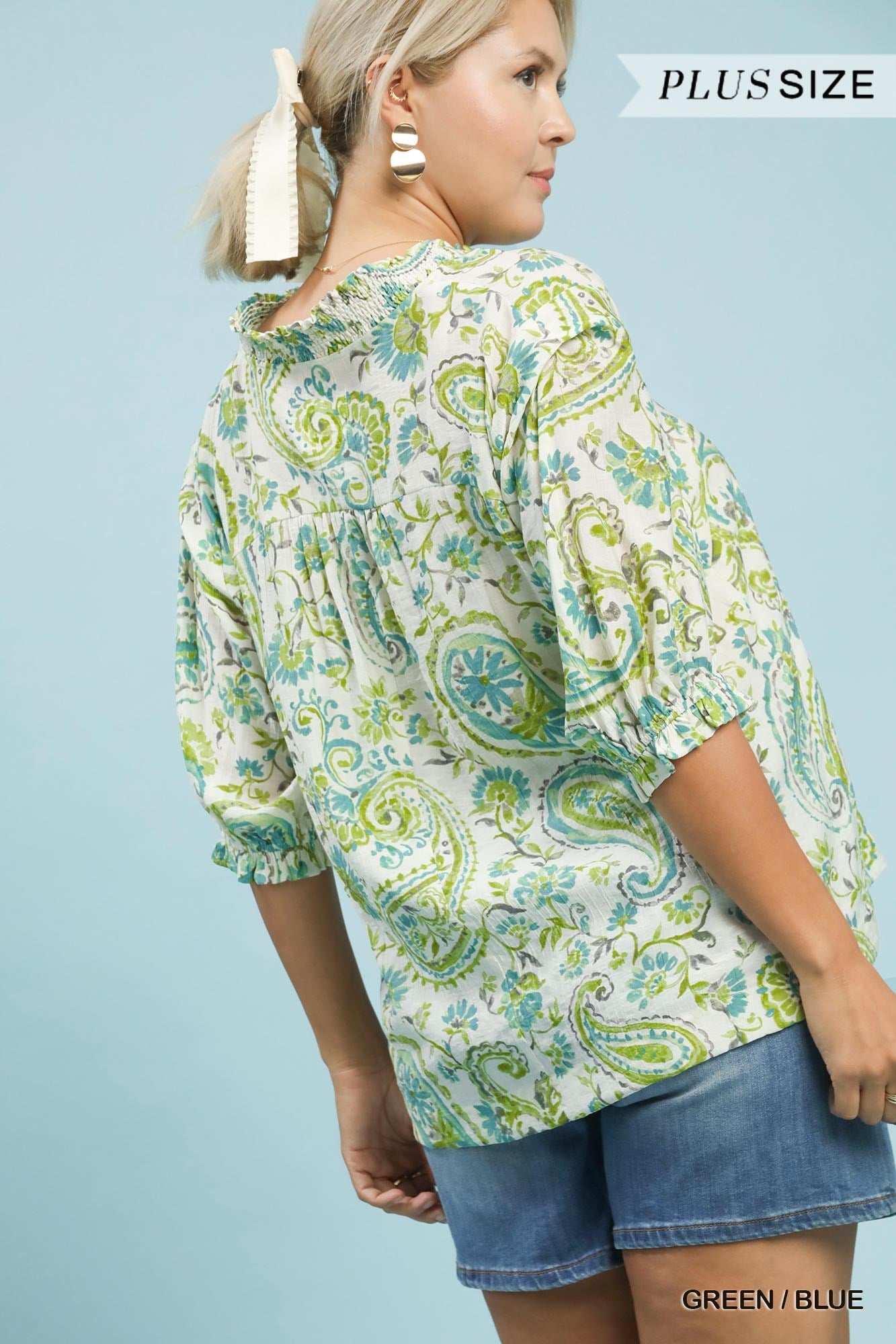 Umgee Smocked V-Neck Paisley Top