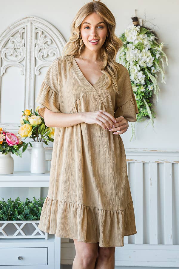 Flowy Crinkle V-Neck Short Sleeve Ruffle Hem Dress D5146