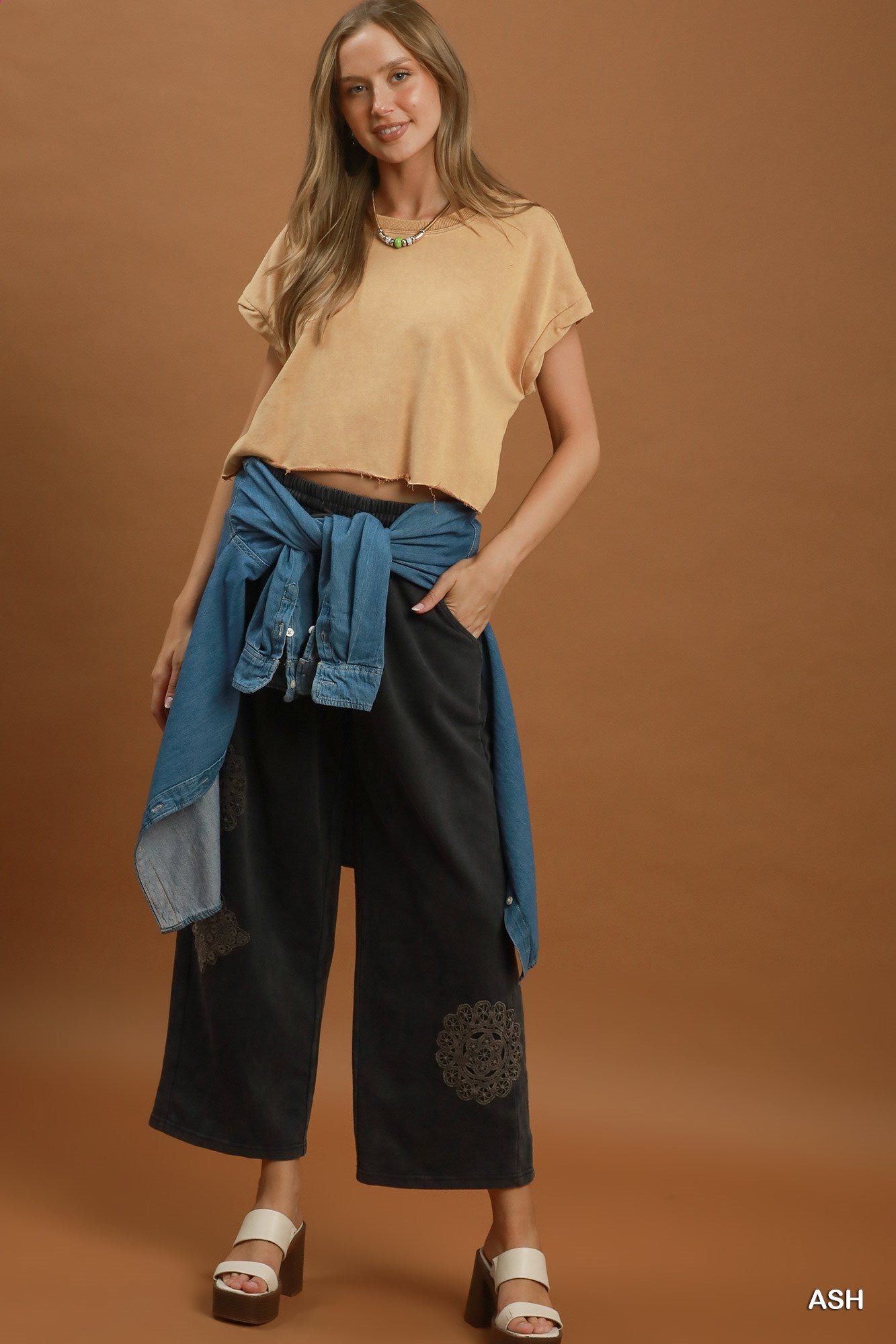 Umgee Mineral Wash Crochet Patch Barrel Pants