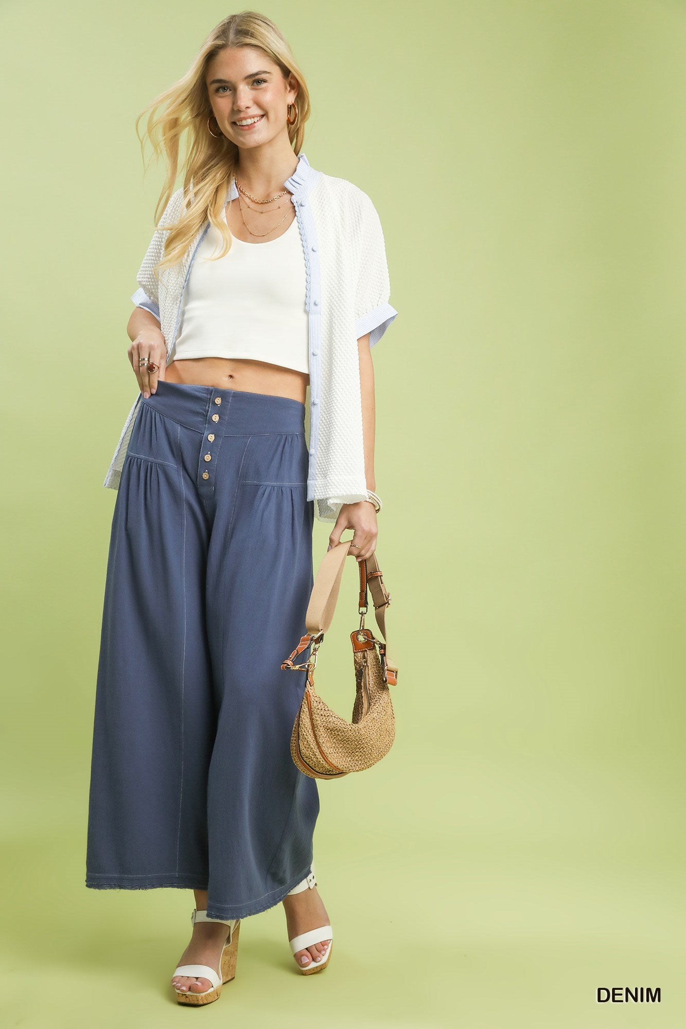 Umgee High Waist Button Front Wide Leg Pants