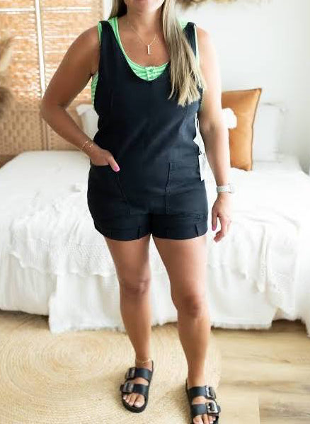 ZENANA WASHED ADJUSTABLE STRAP ROMPER WITH POCKET
