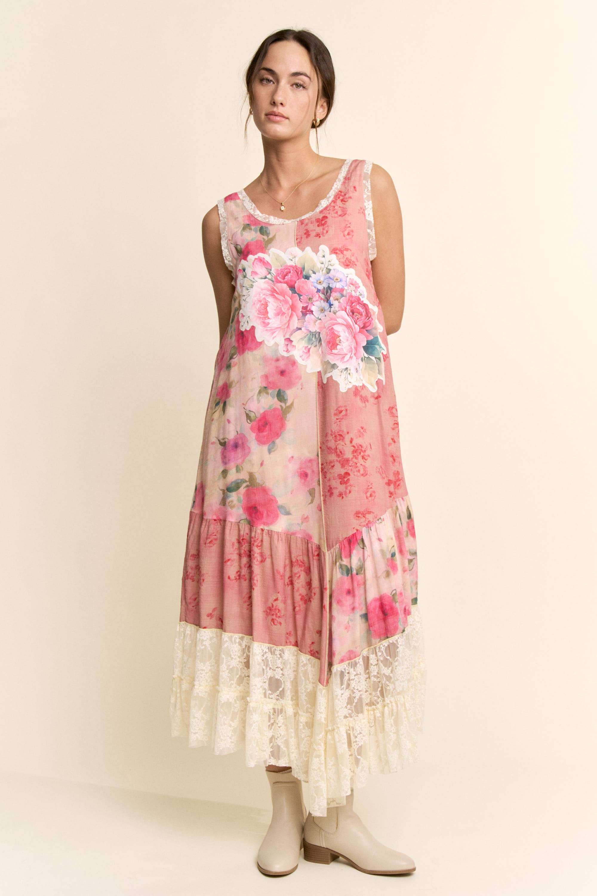 DD60145-PRINT FLOWER PATCHWORK LACE TIERED DRESS