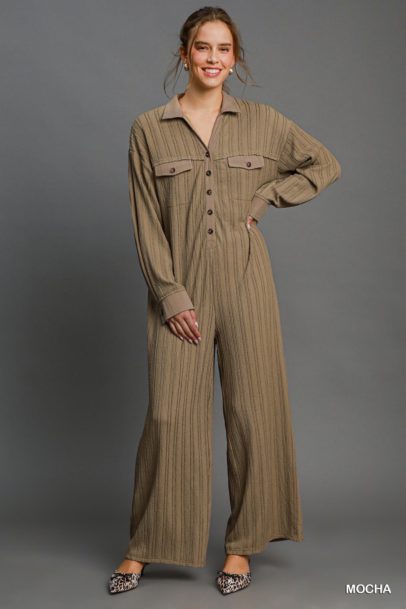 Umgee Textured Knit Jumpsuit Wide Leg