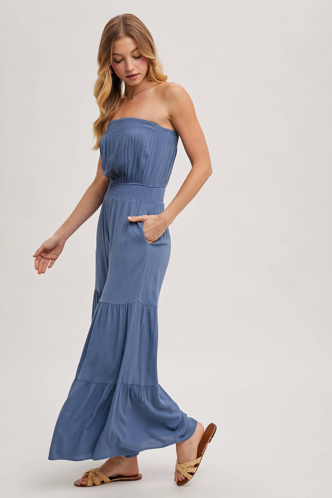 SMOCKED TIERED WIDE LEG JUMPSUIT