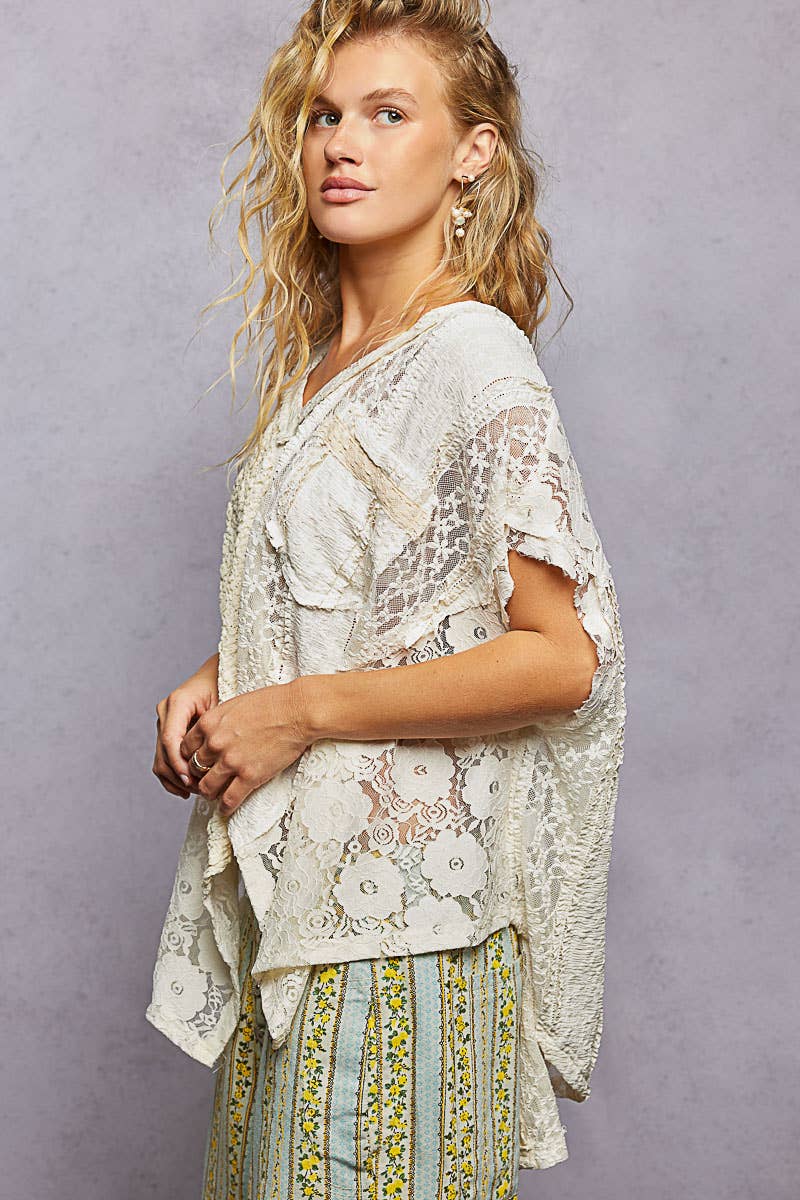 Patchwork Lace Oversized V-Neck Raw Edge Top